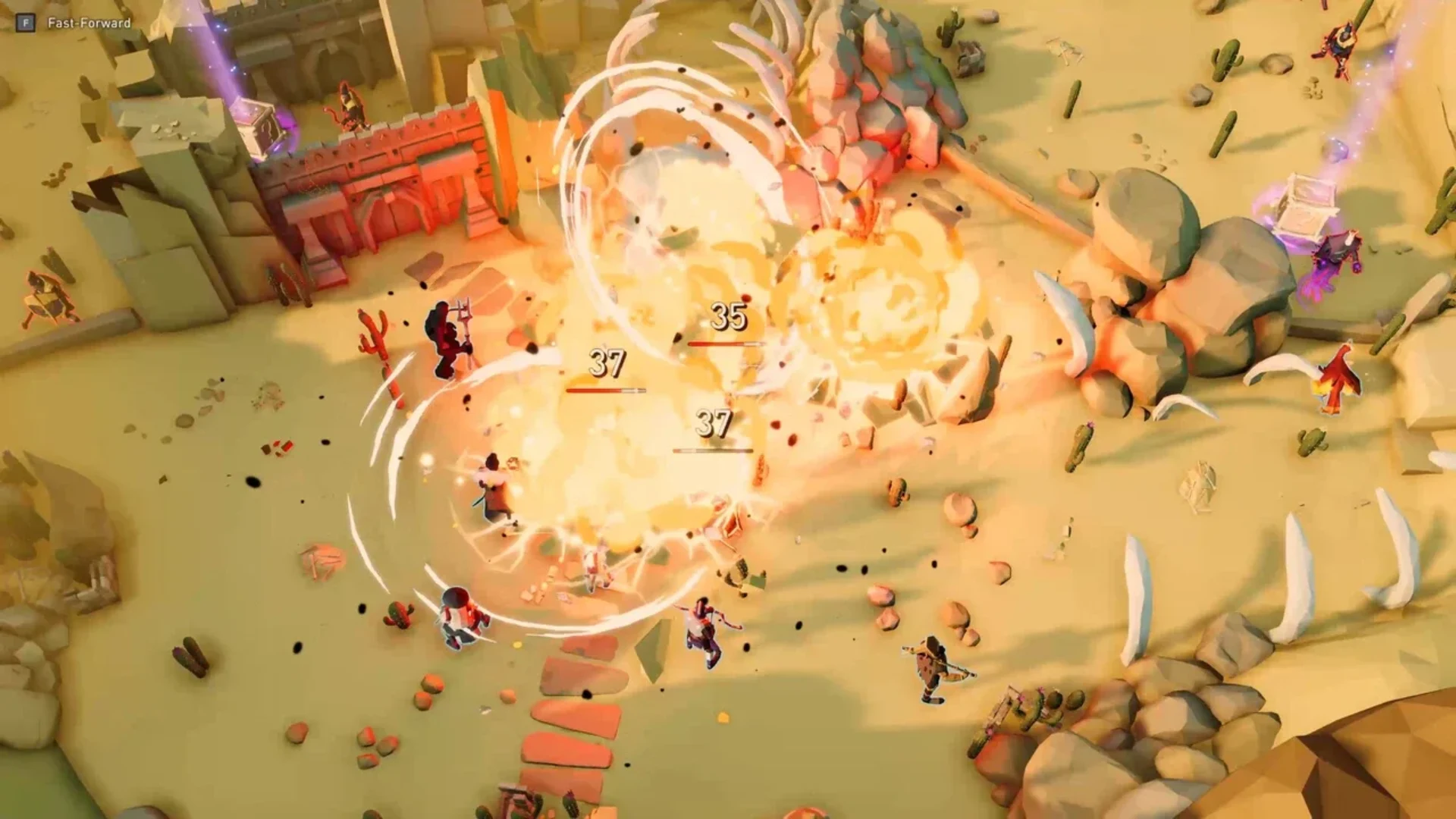 A large explosion hits several enemies during a Beaten Path desert battle.