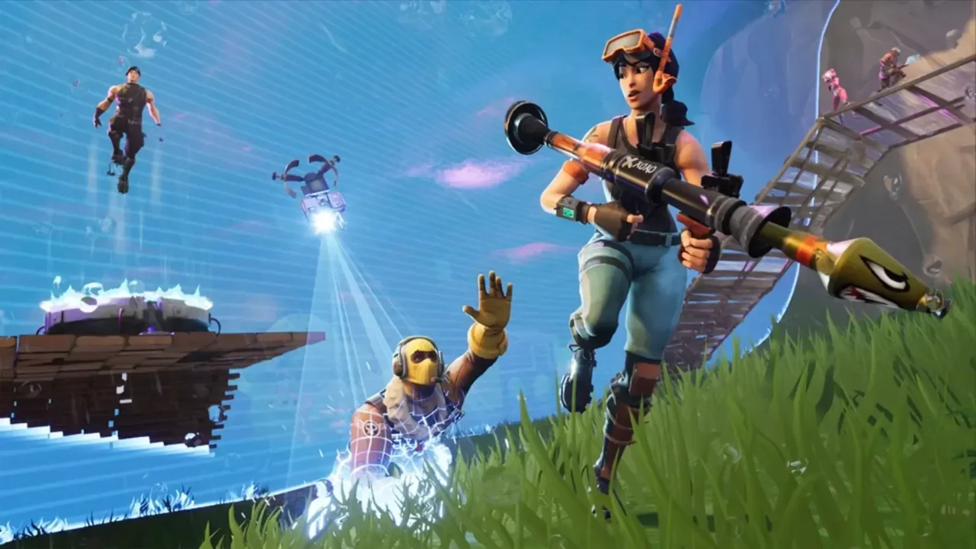 A Fortnite character holds a rocket launcher beside the closing storm barrier.