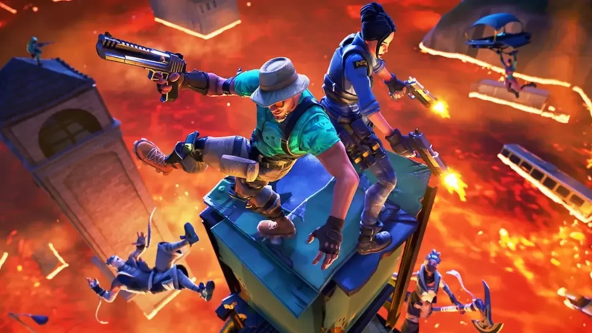 Two Fortnite characters fire pistols while standing on falling debris above a burning city.