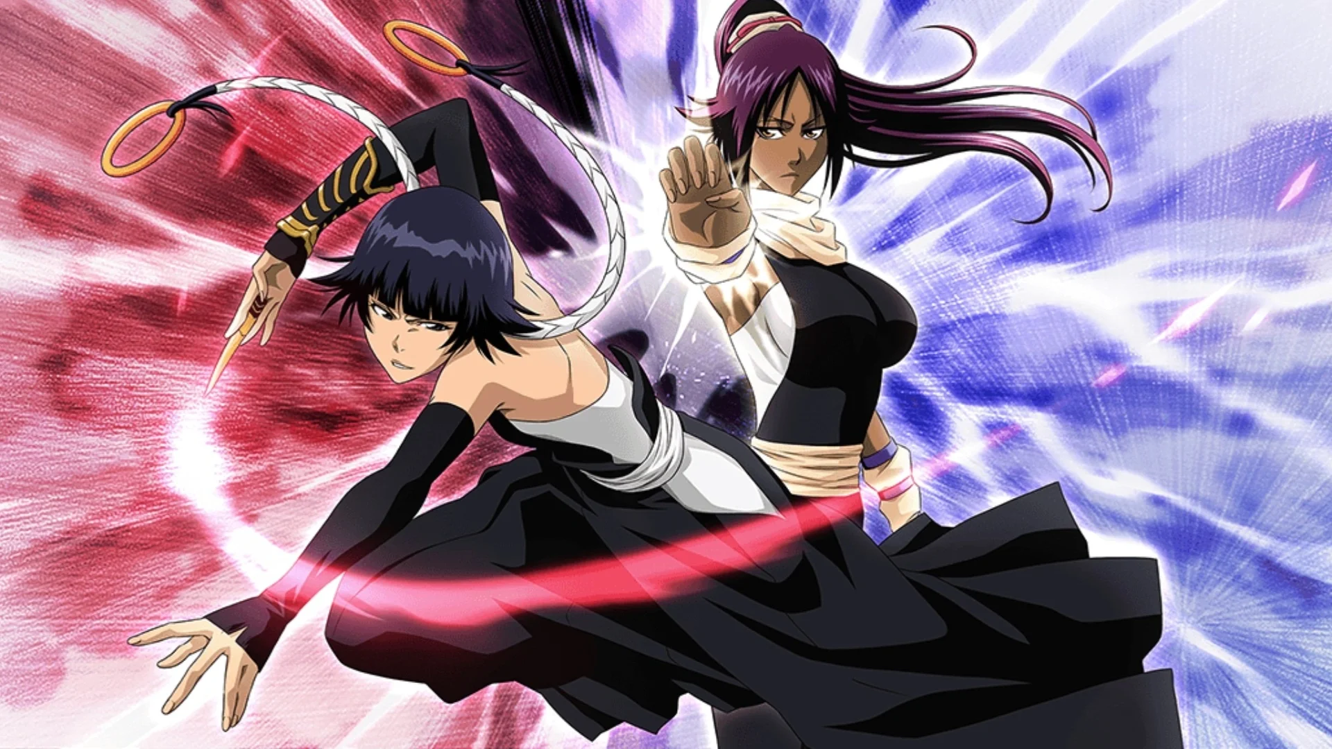 Yoruichi Shihōin and Soi Fon pose for battle against red and blue energy backgrounds.