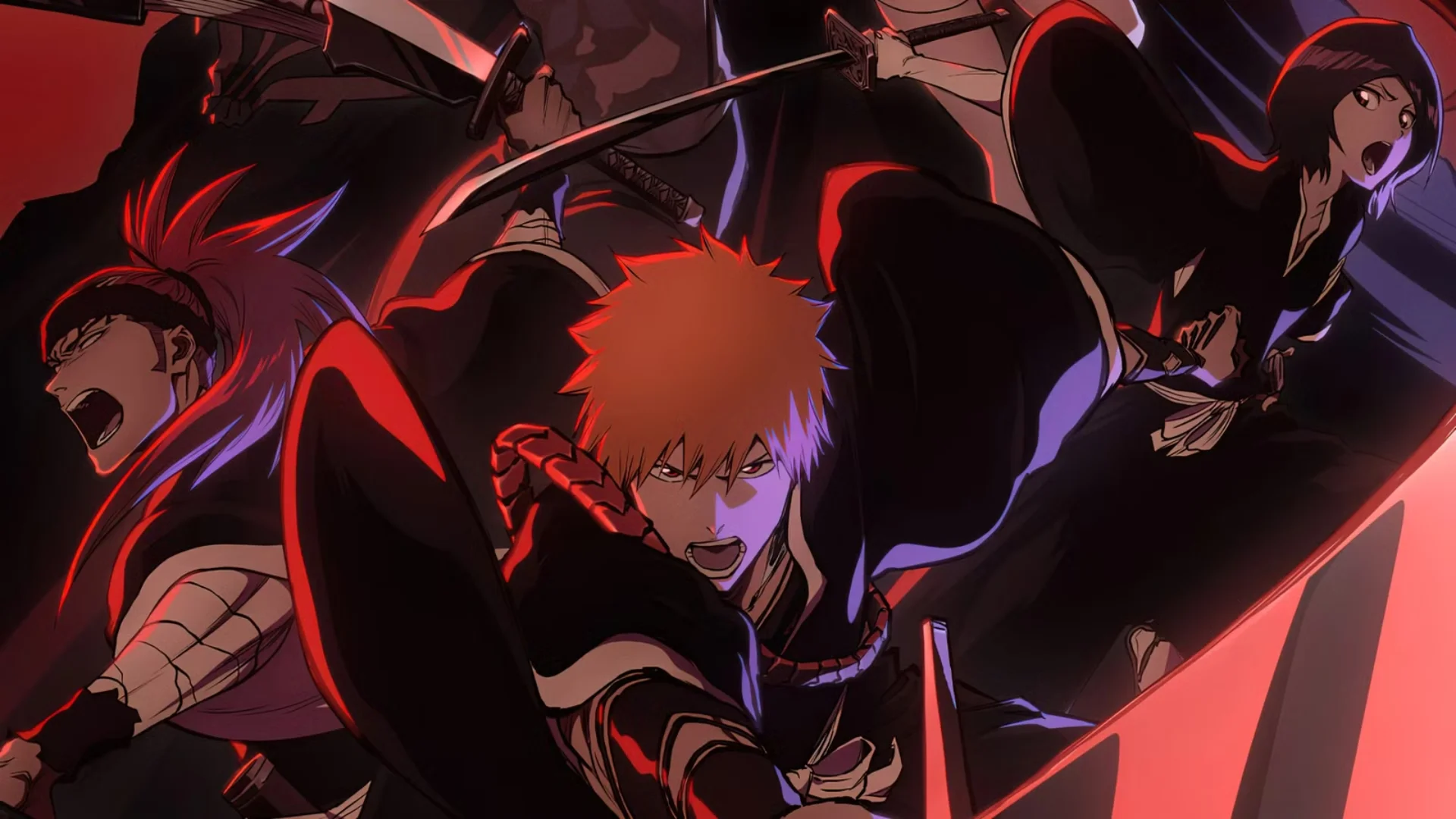 Ichigo Kurosaki stands with Rukia Kuchiki and other Soul Reapers in Bleach promotional artwork.