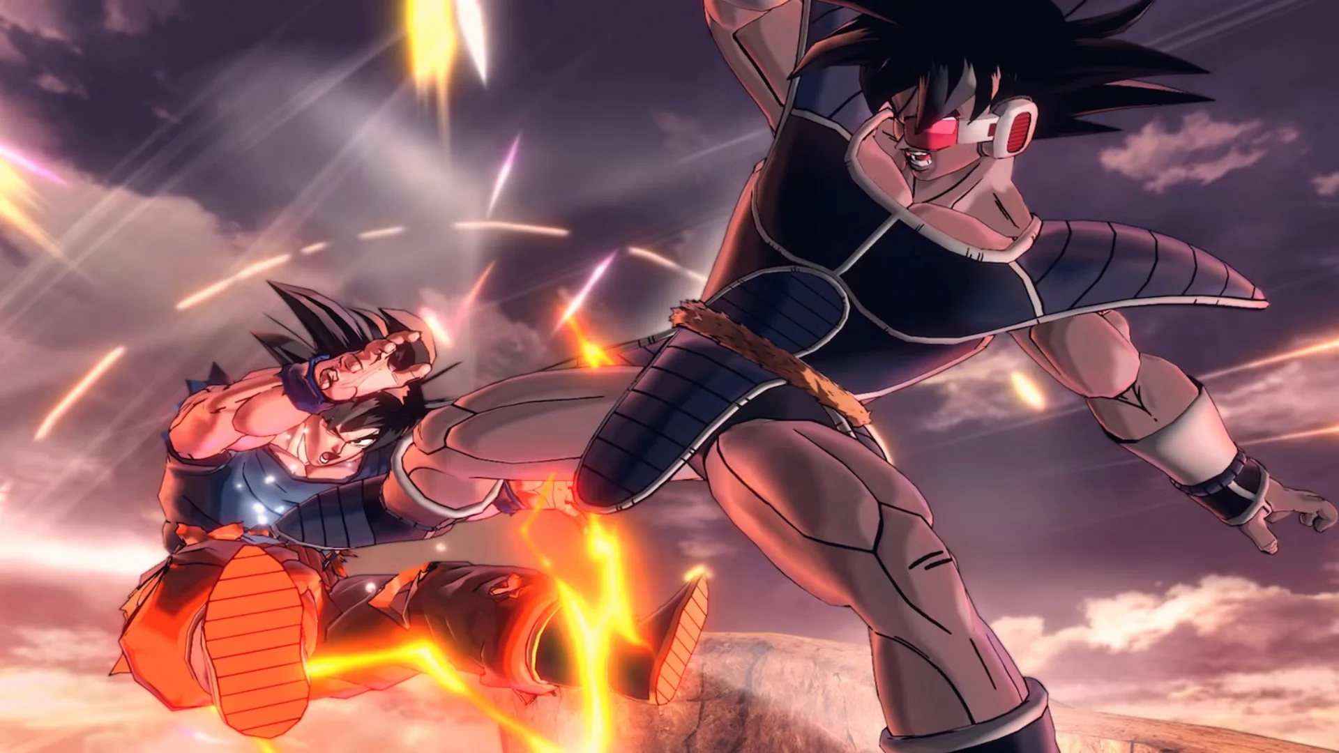 Two custom Dragon Ball Xenoverse 3 fighters wearing red uniforms prepare for combat in West City.