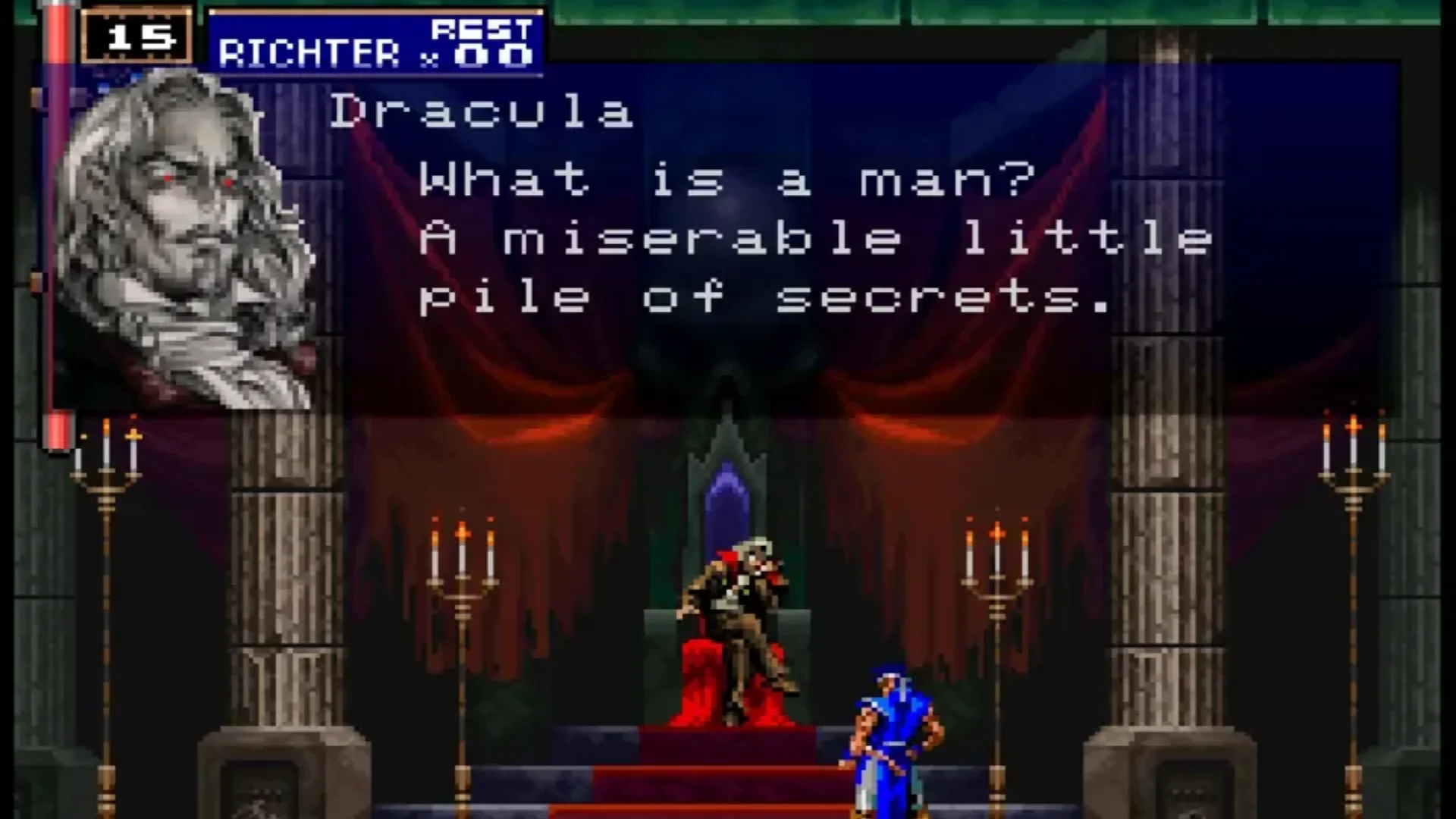 Richter Belmont speaks with Dracula inside the throne room during the opening of Symphony of the Night.