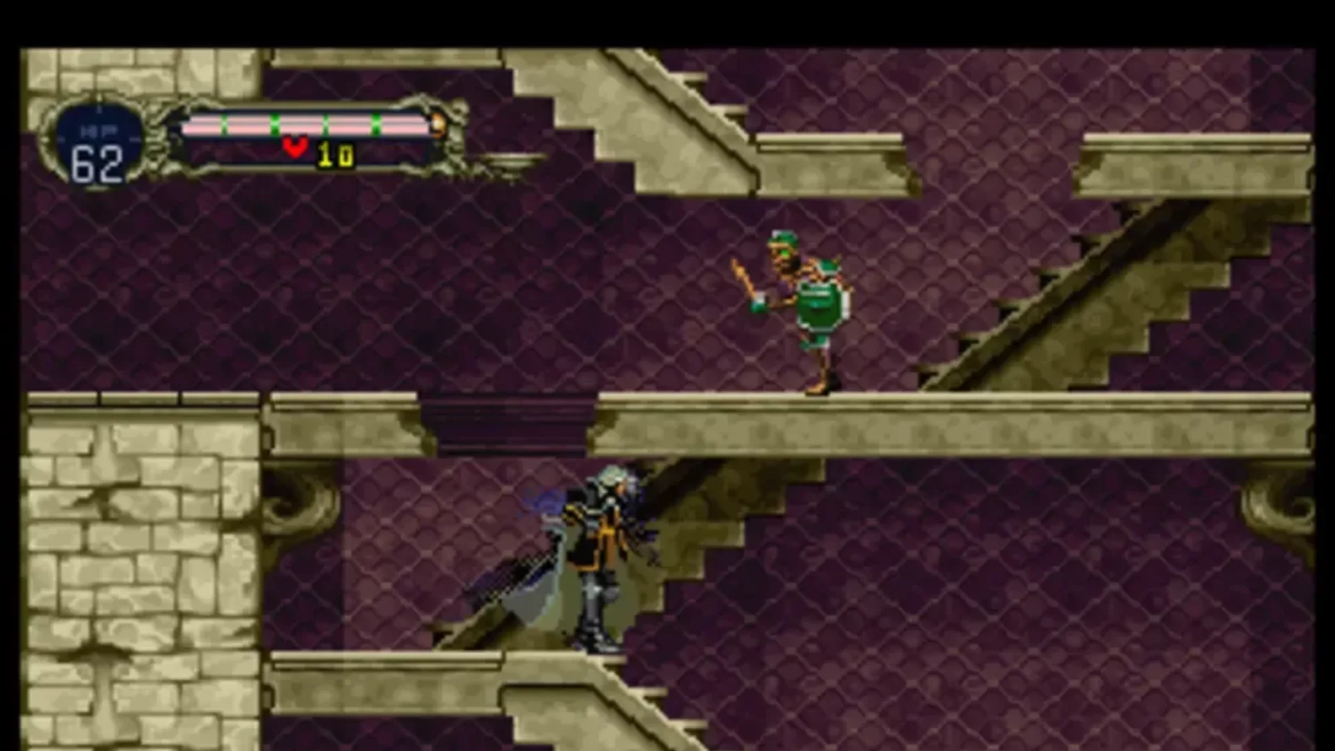 Alucard approaches an enemy on a staircase inside Dracula’s castle in Symphony of the Night.