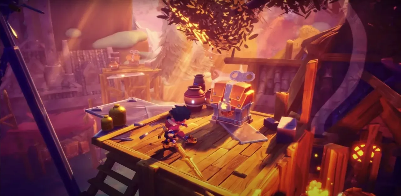 Young hero approaching a glowing treasure chest on a wooden platform in the colorful world of Duskfade.