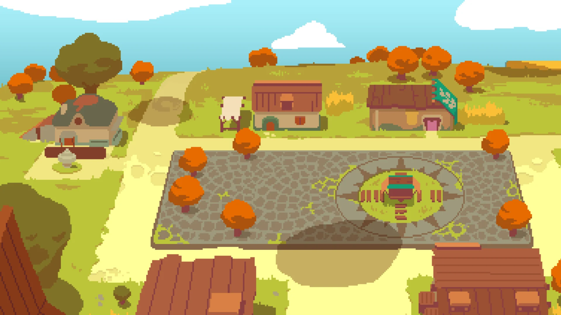 Will walks through Rynoka village surrounded by shops, autumn trees, paths, and a central town square.