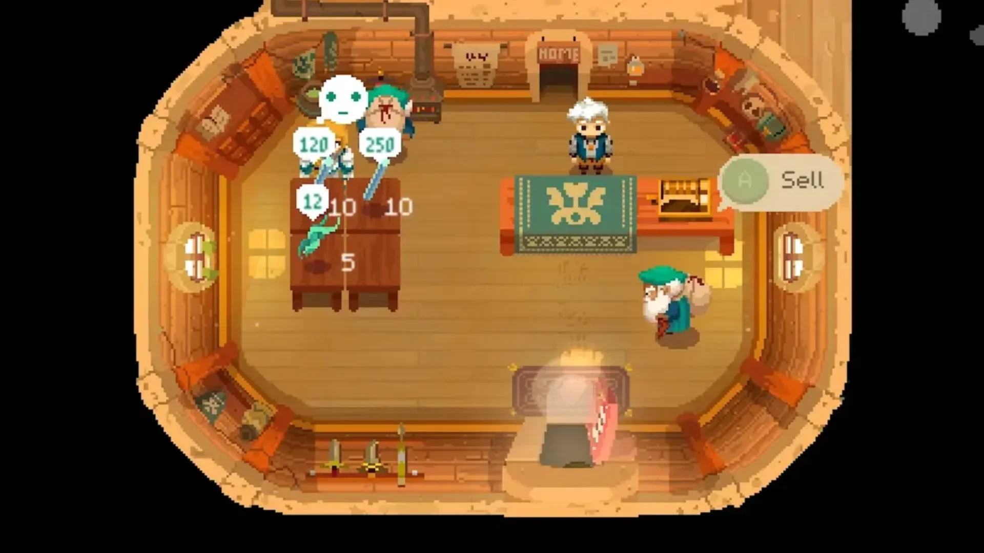Will sells weapons and dungeon items to customers inside his wooden shop in Moonlighter.