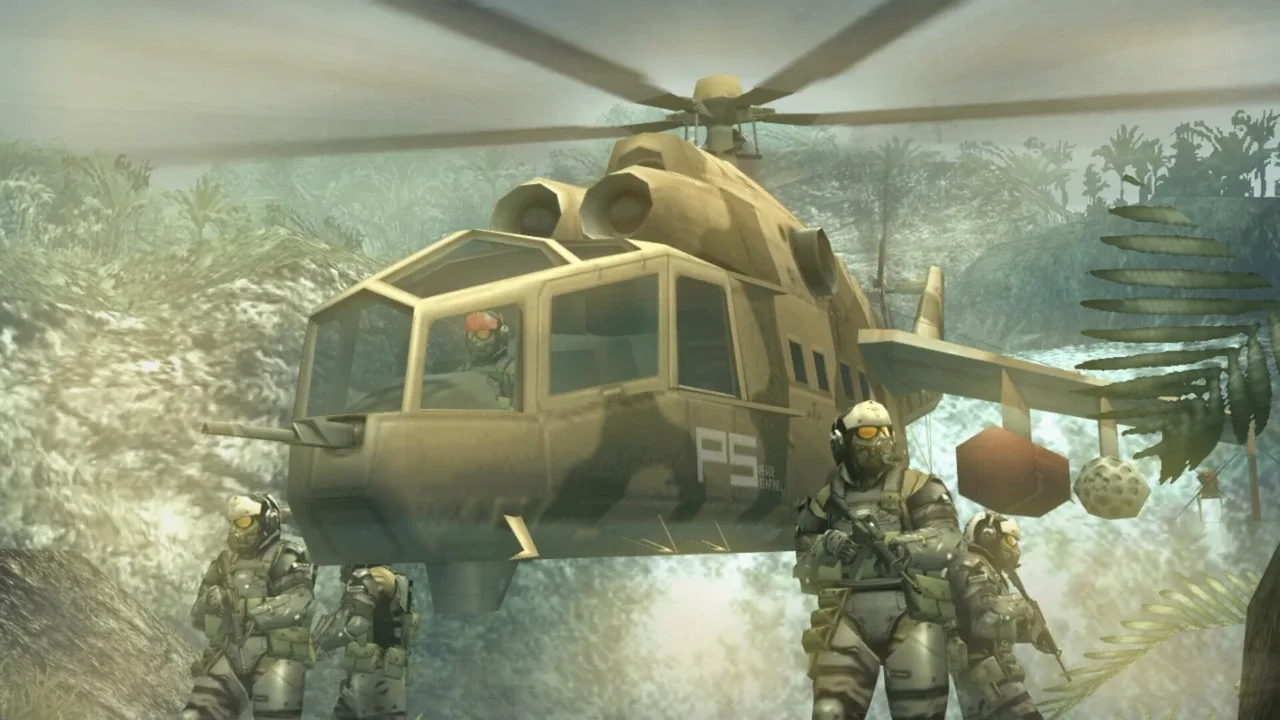 Armed soldiers standing beside a military helicopter in a jungle environment in Metal Gear Solid: Master Collection Vol. 2.