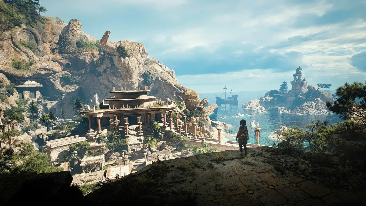 Character overlooking a coastal settlement with ancient stone buildings, rocky cliffs, and turquoise water in Resonance: A Plague Tale Legacy.