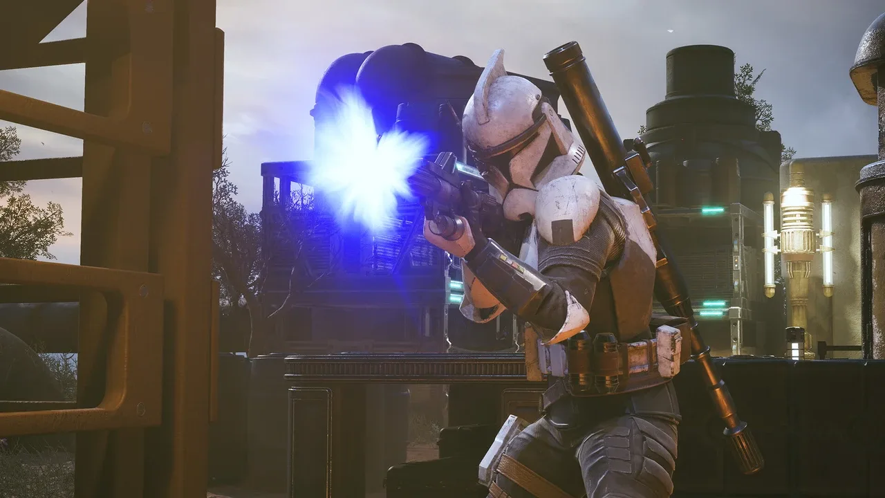 Clone trooper firing a blaster during a battle in an industrial science-fiction environment in Star Wars Zero Company.