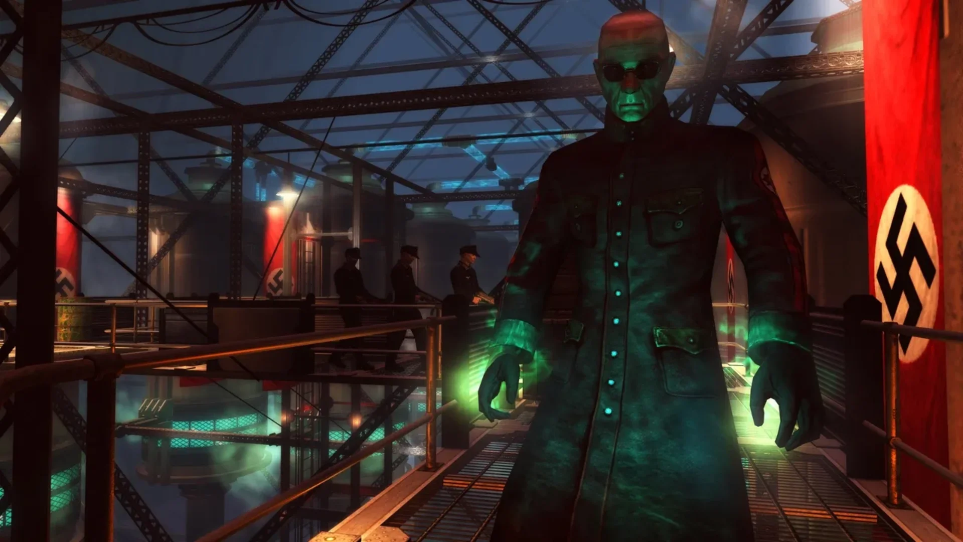 A black-uniformed enemy with glowing green hands stands inside a Nazi research facility in Wolfenstein 2009.