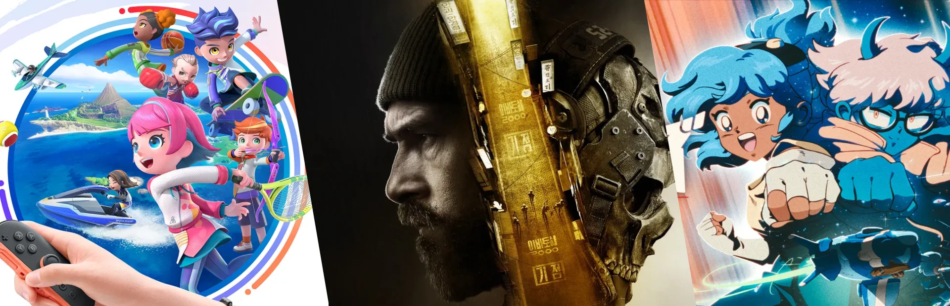 Nintendo Switch Sports Resort, Call of Duty, and Orbitals artwork displayed in a three-part Gamescom banner.