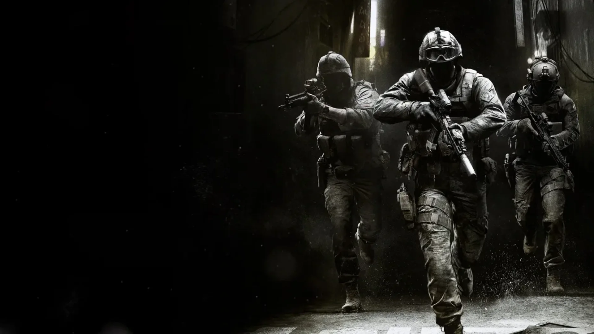 Three armed Call of Duty soldiers move through a dark corridor in black-and-white promotional artwork.