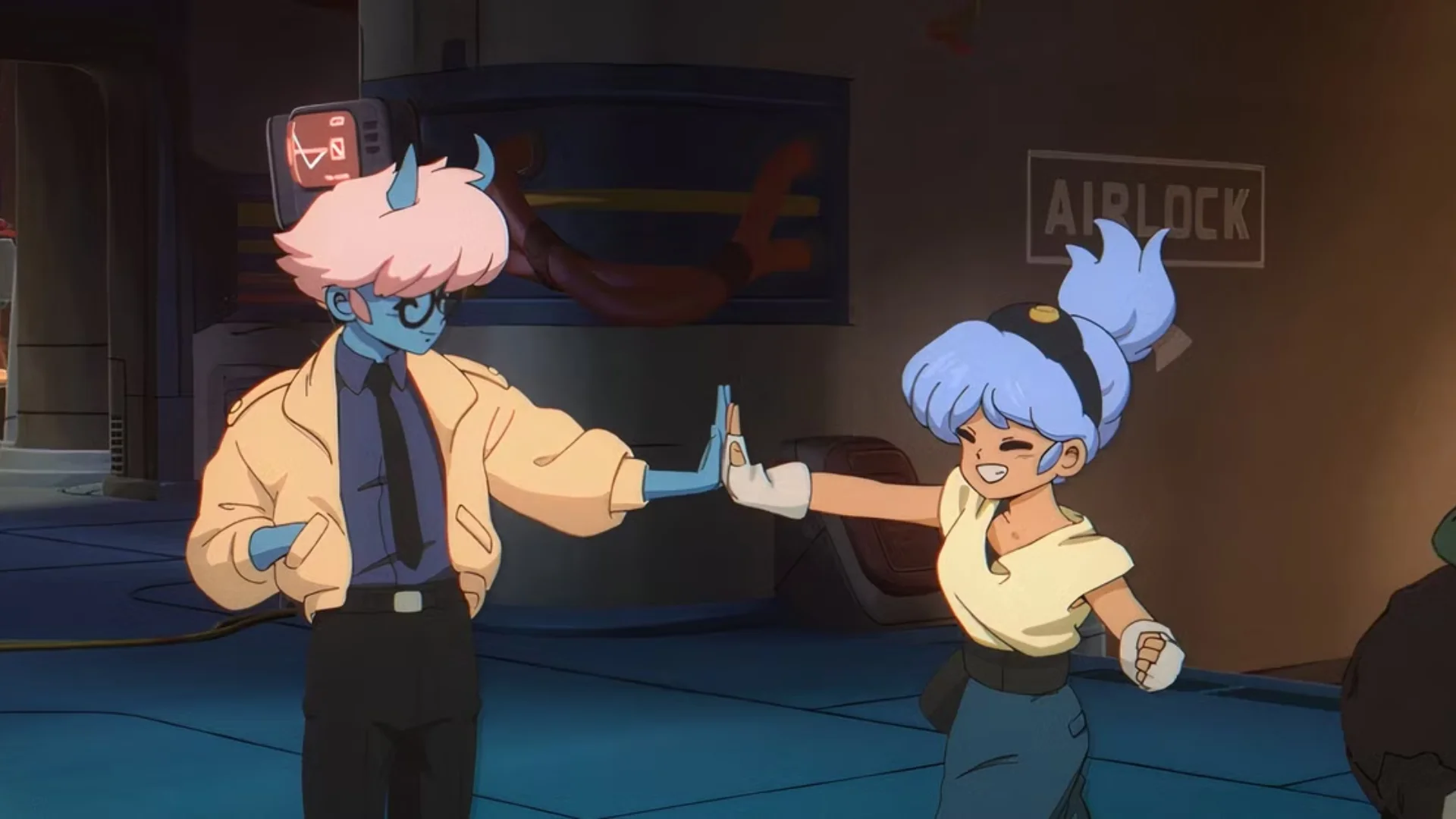 Maki and Omura share a high-five inside a futuristic airlock in an animated scene from Orbitals.