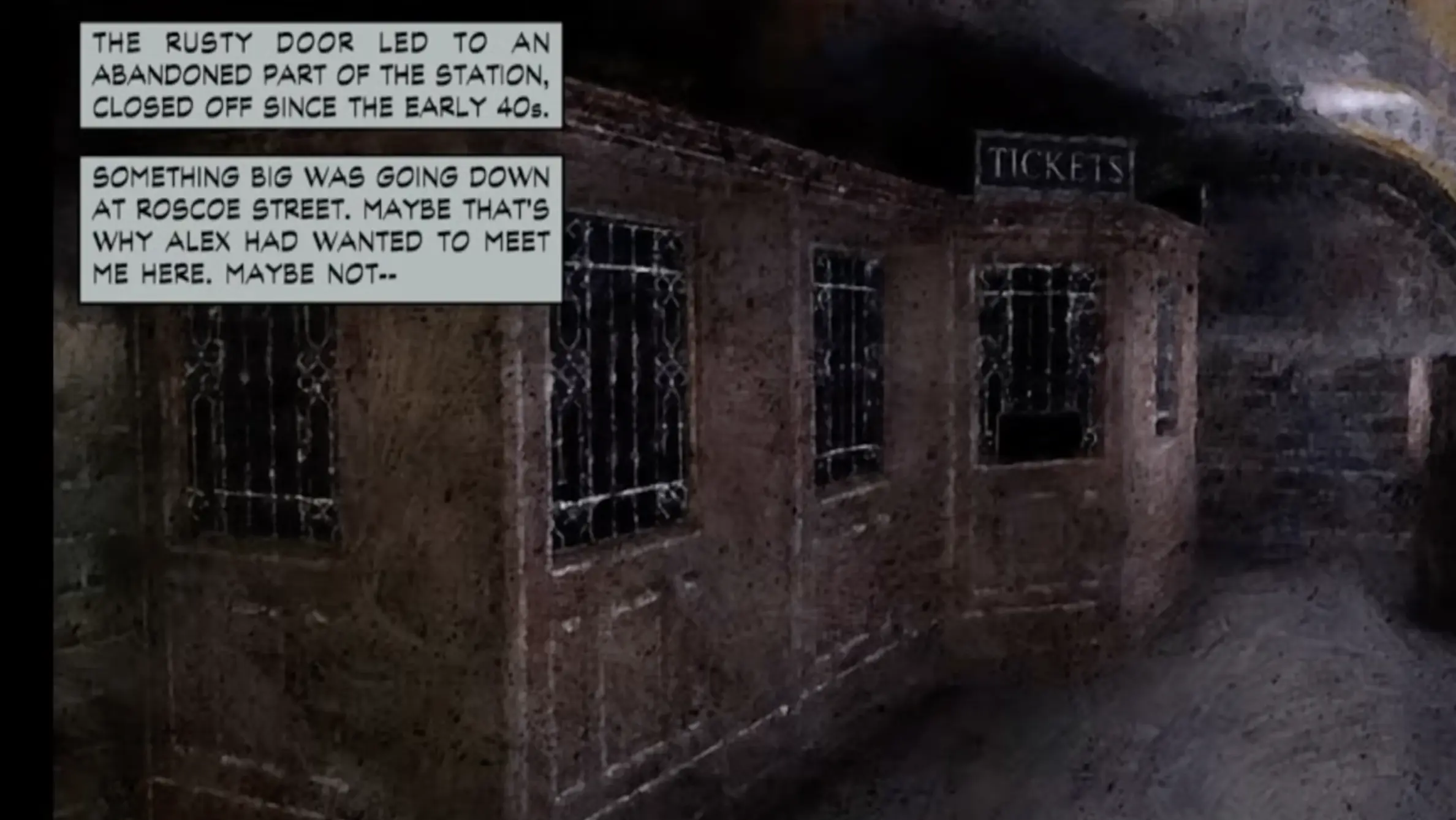 Comic book panel showing the abandoned Roscoe Street subway station in Max Payne.