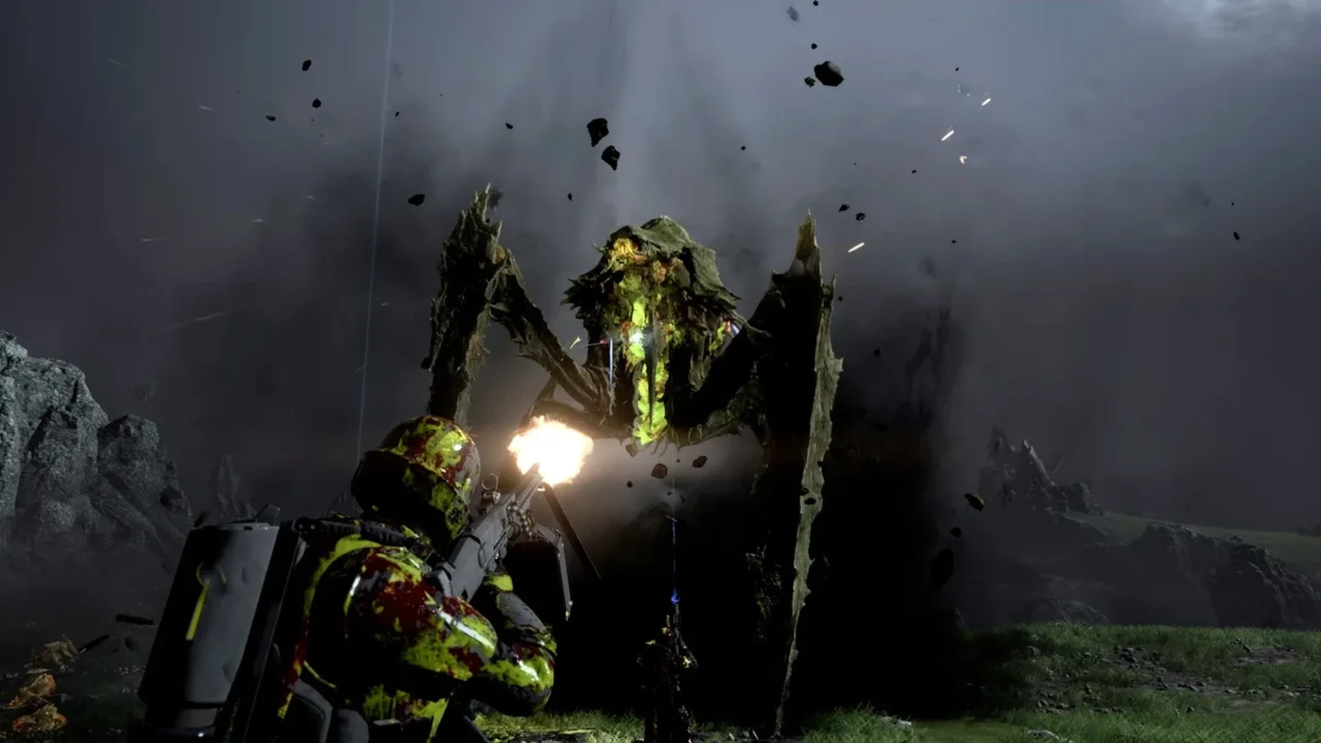 Helldivers 2 soldier fires at a large Terminid creature during a battle on an alien planet.