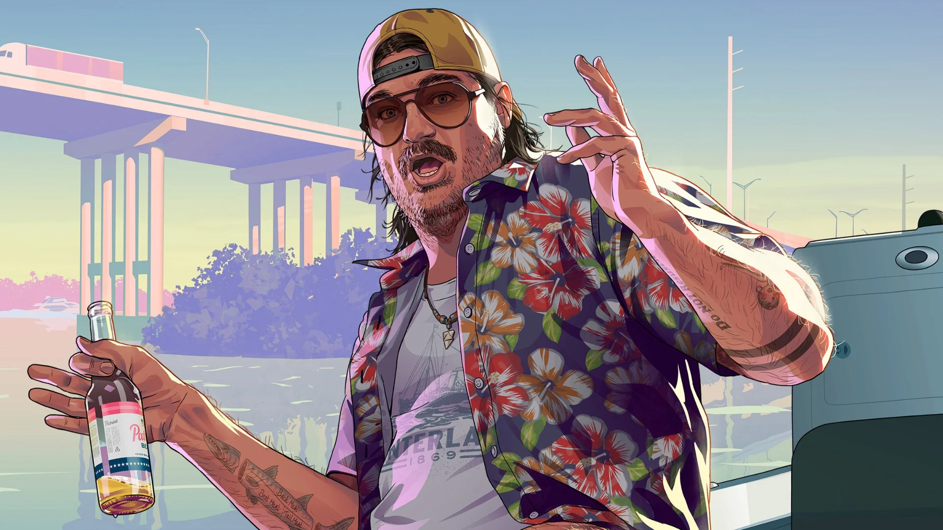 GTA 6 character in a floral shirt and cap stands near the waterfront while holding a bottle.