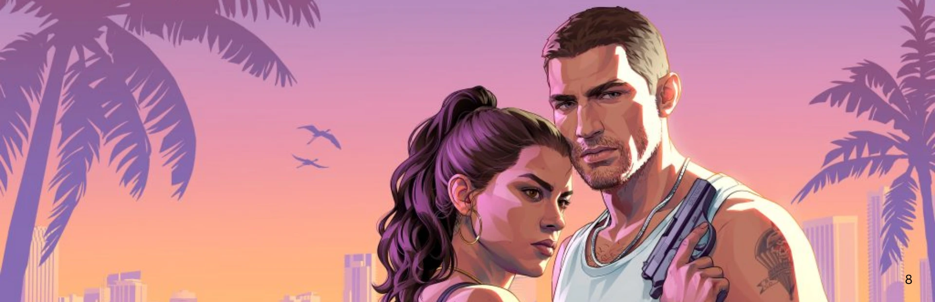 GTA 6 promotional artwork featuring Jason and Lucia against a tropical sunset.