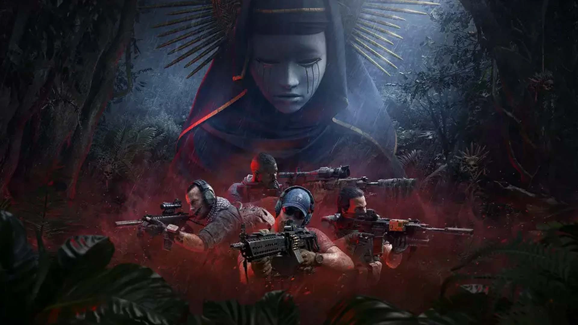 Ghost Recon Wildlands squad moves through a jungle while carrying rifles beneath a large monument.