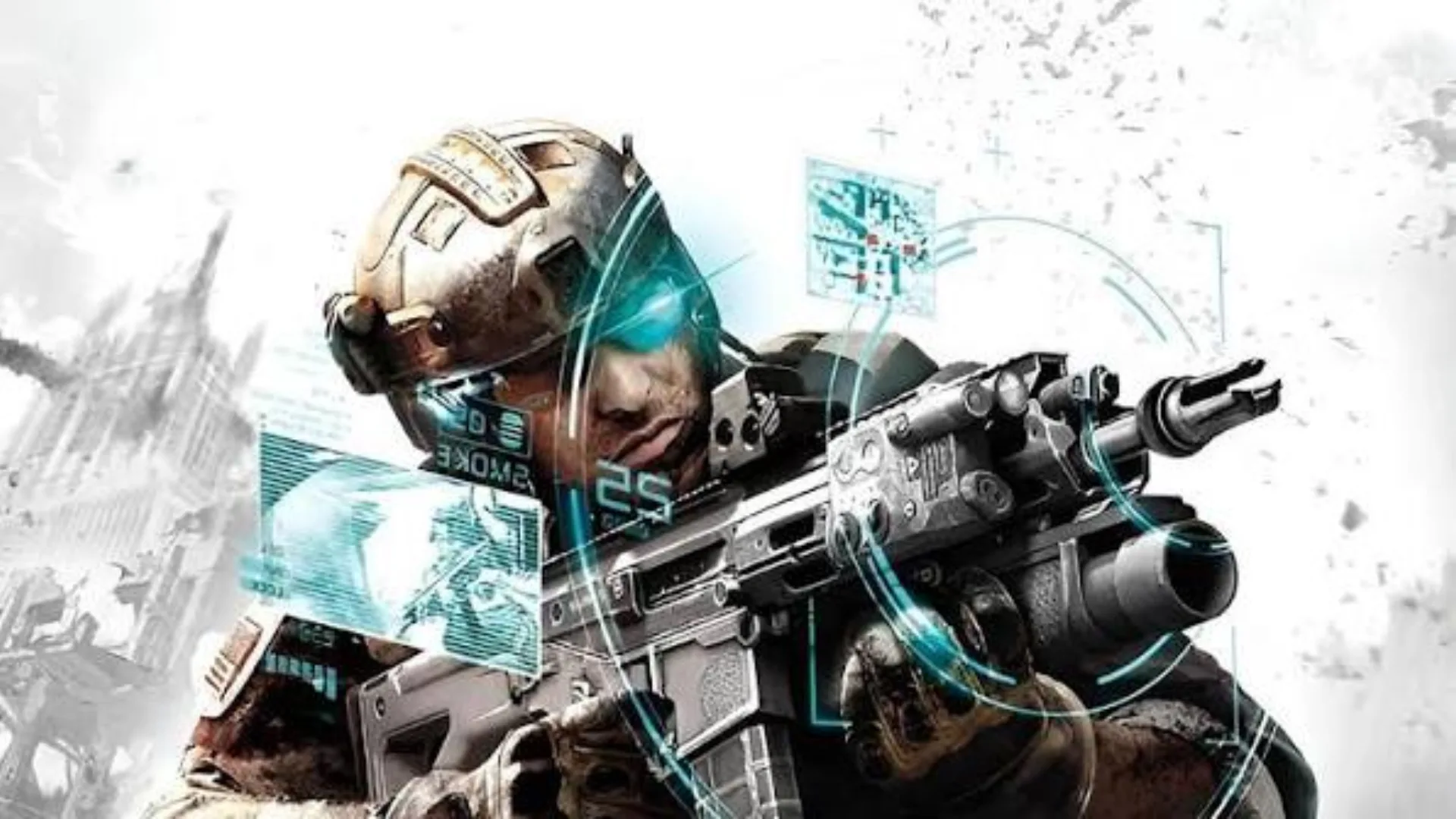 Ghost Recon Future Soldier operative aims a rifle with tactical digital displays around him.