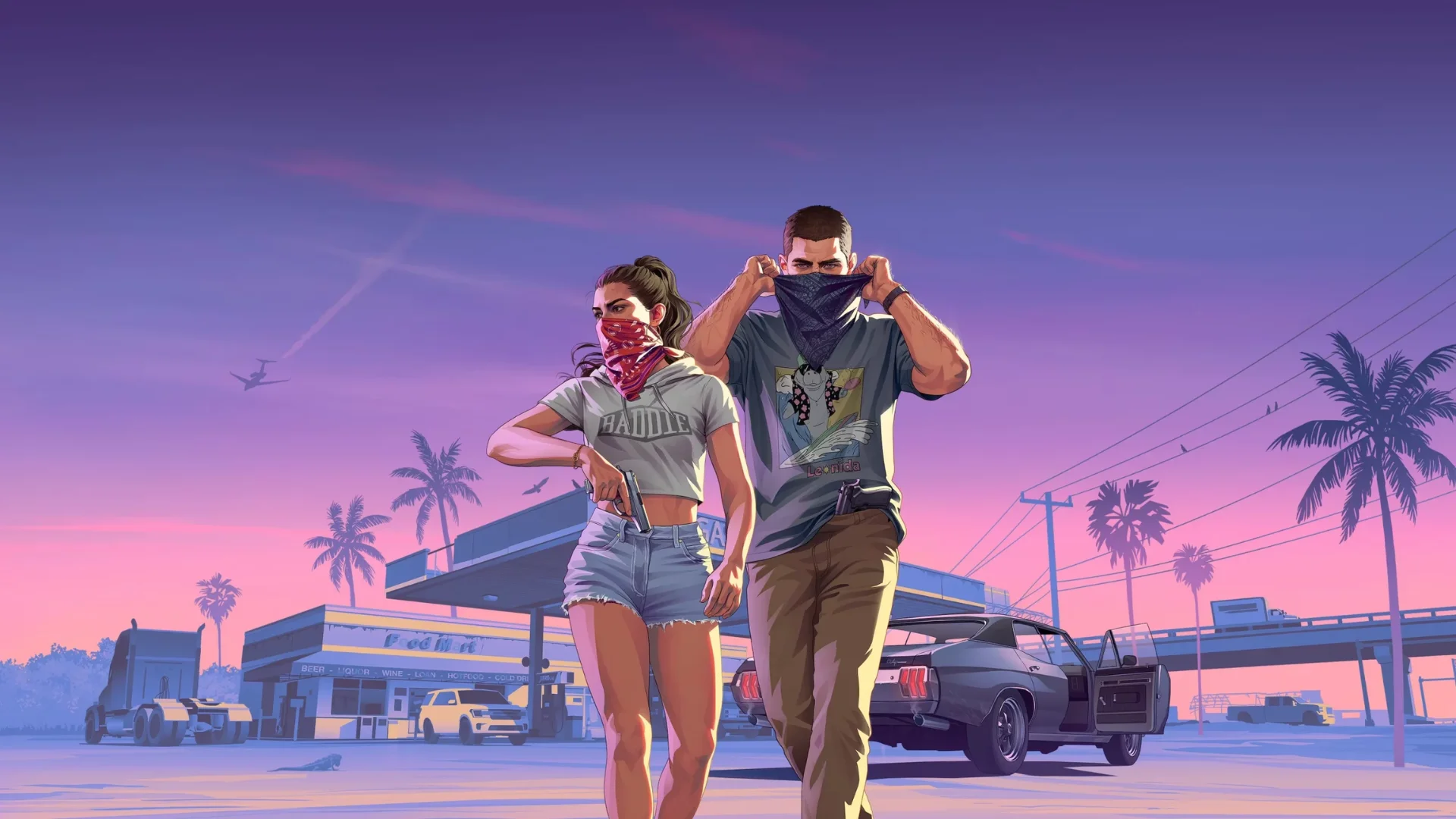 Lucia holds a handgun while Jason covers his face beside a muscle car outside a gas station in GTA 6 artwork.