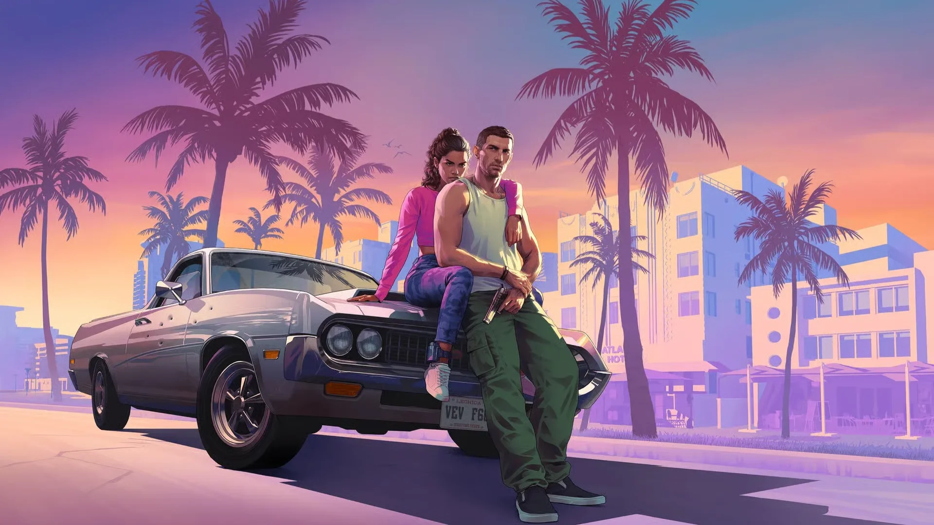 Jason and Lucia stand masked outside a gas station with a dark muscle car behind them in GTA 6 artwork.