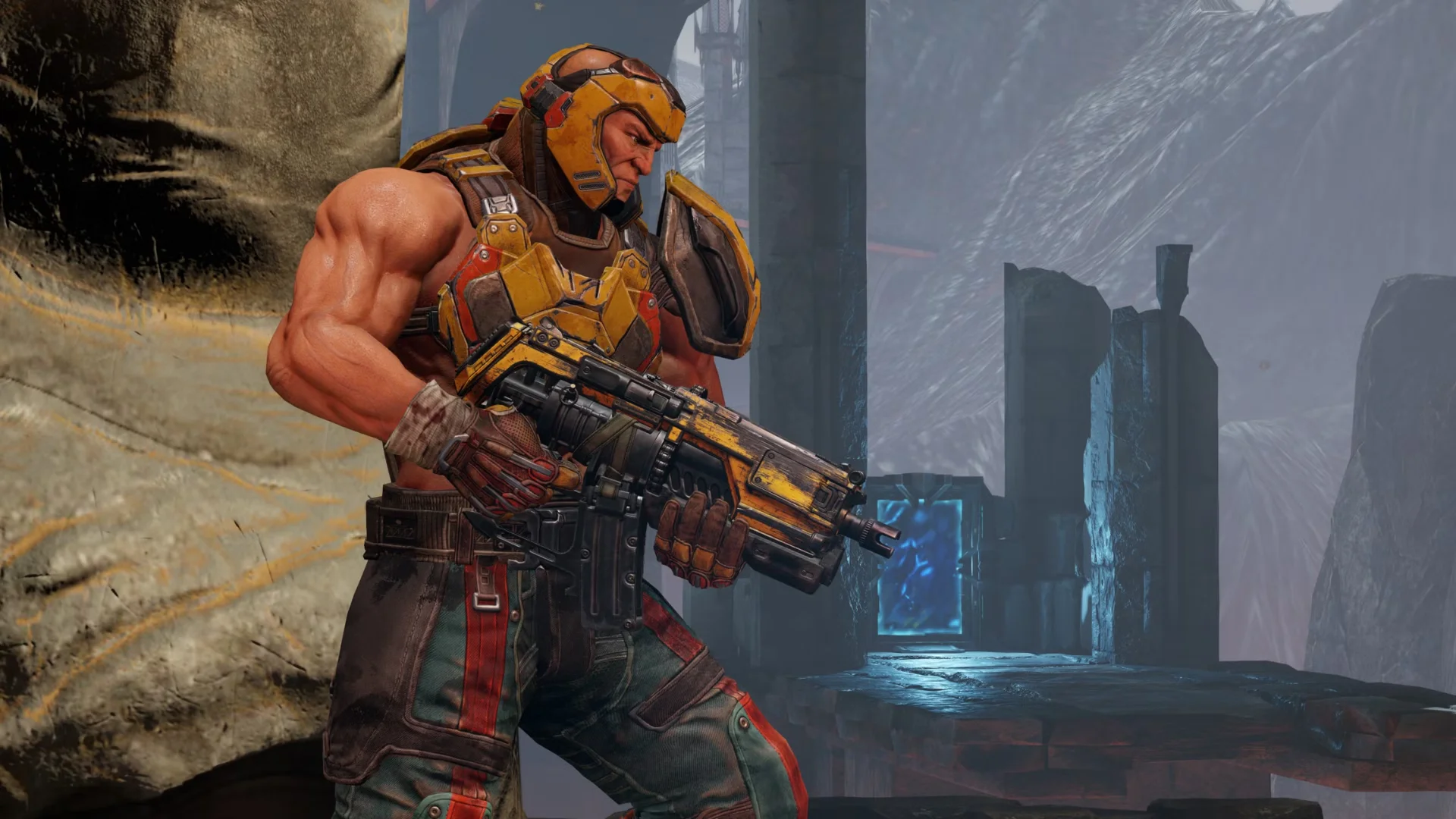 Quake's Ranger holds a large weapon while standing inside a dark industrial environment.