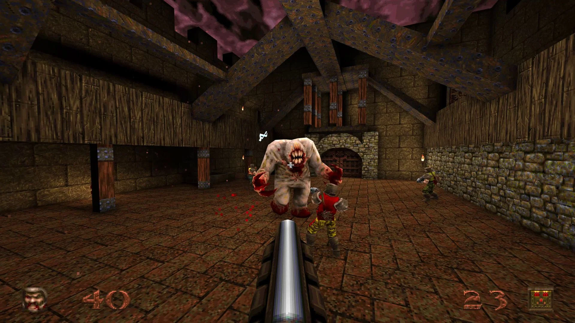The player battles a large monster and armed enemies inside a stone fortress in Quake.