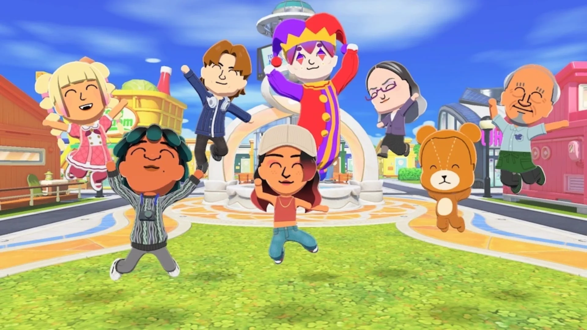 A large group of smiling Miis jump together in the town plaza in Tomodachi Life: Living the Dream.