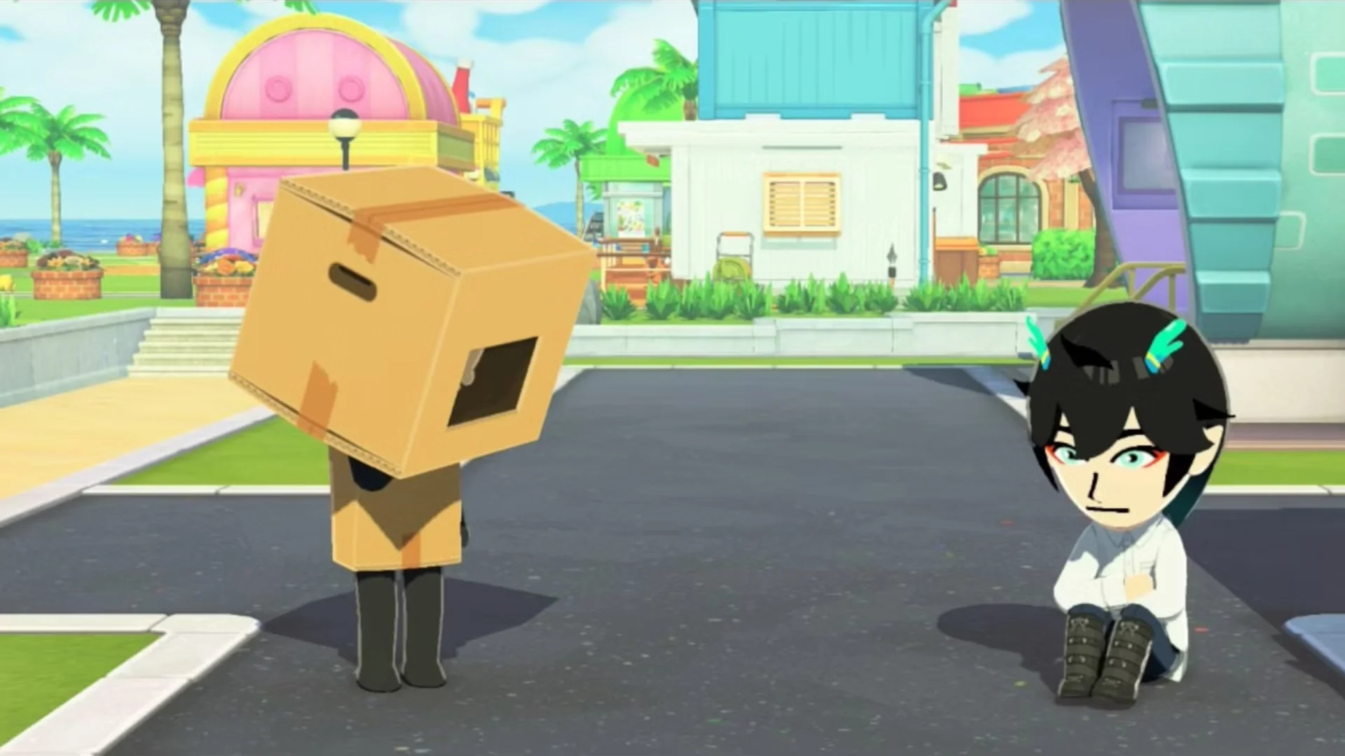 A Mii wearing a cardboard box costume stands beside another Mii sitting on a street in Tomodachi Life.