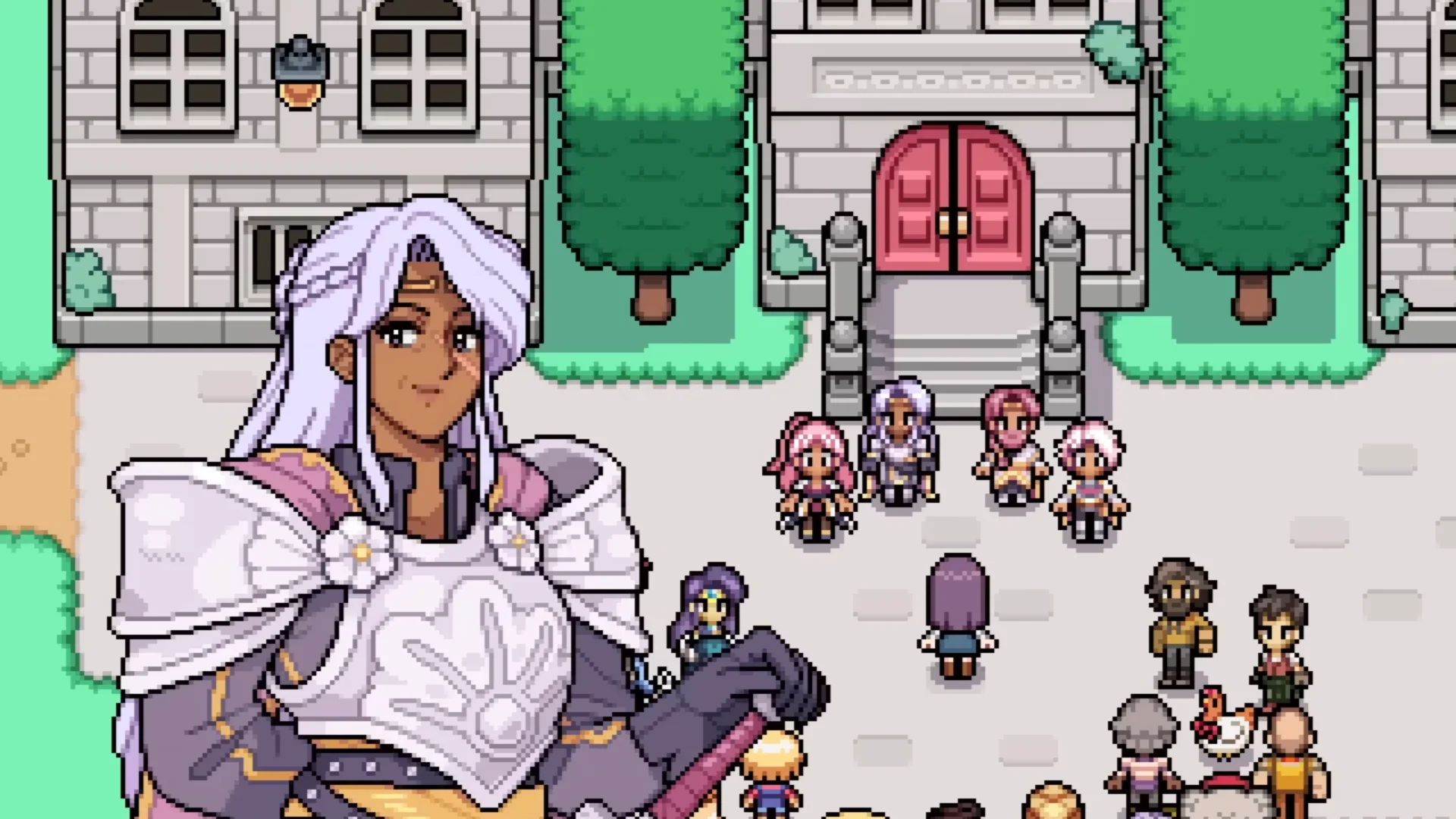 An armored character stands before gathered villagers outside a large building in Fields of Mistria.