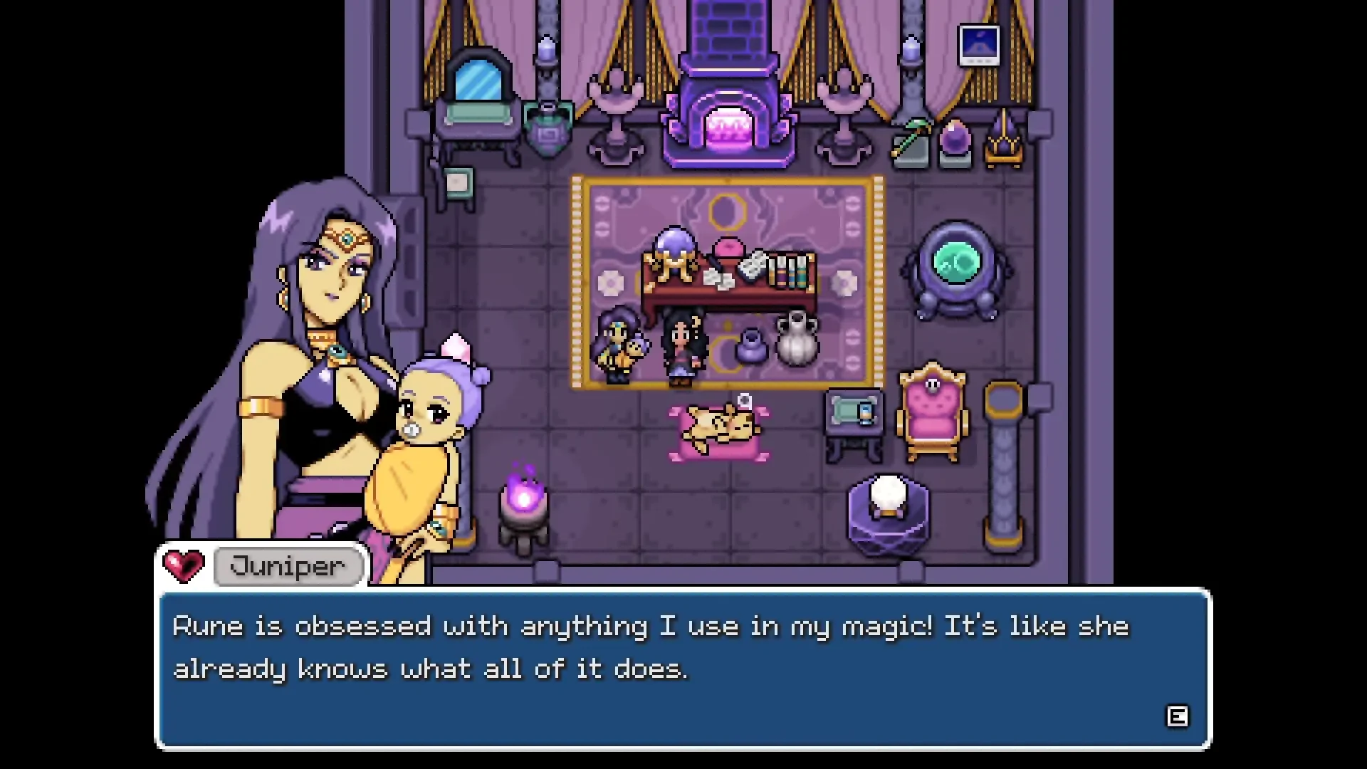 Juniper holds baby Rune inside her decorated home during a family scene in Fields of Mistria.