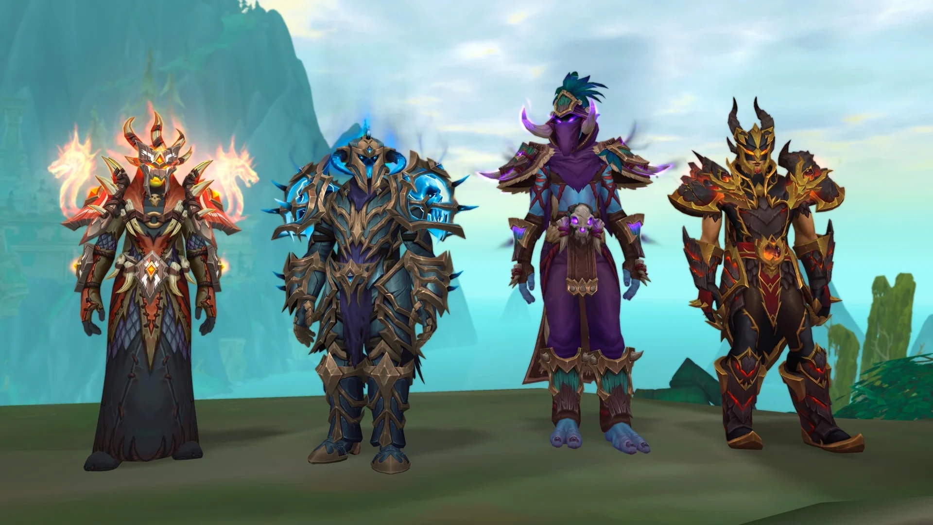 Four World of Warcraft characters display different armor sets against an outdoor backdrop.