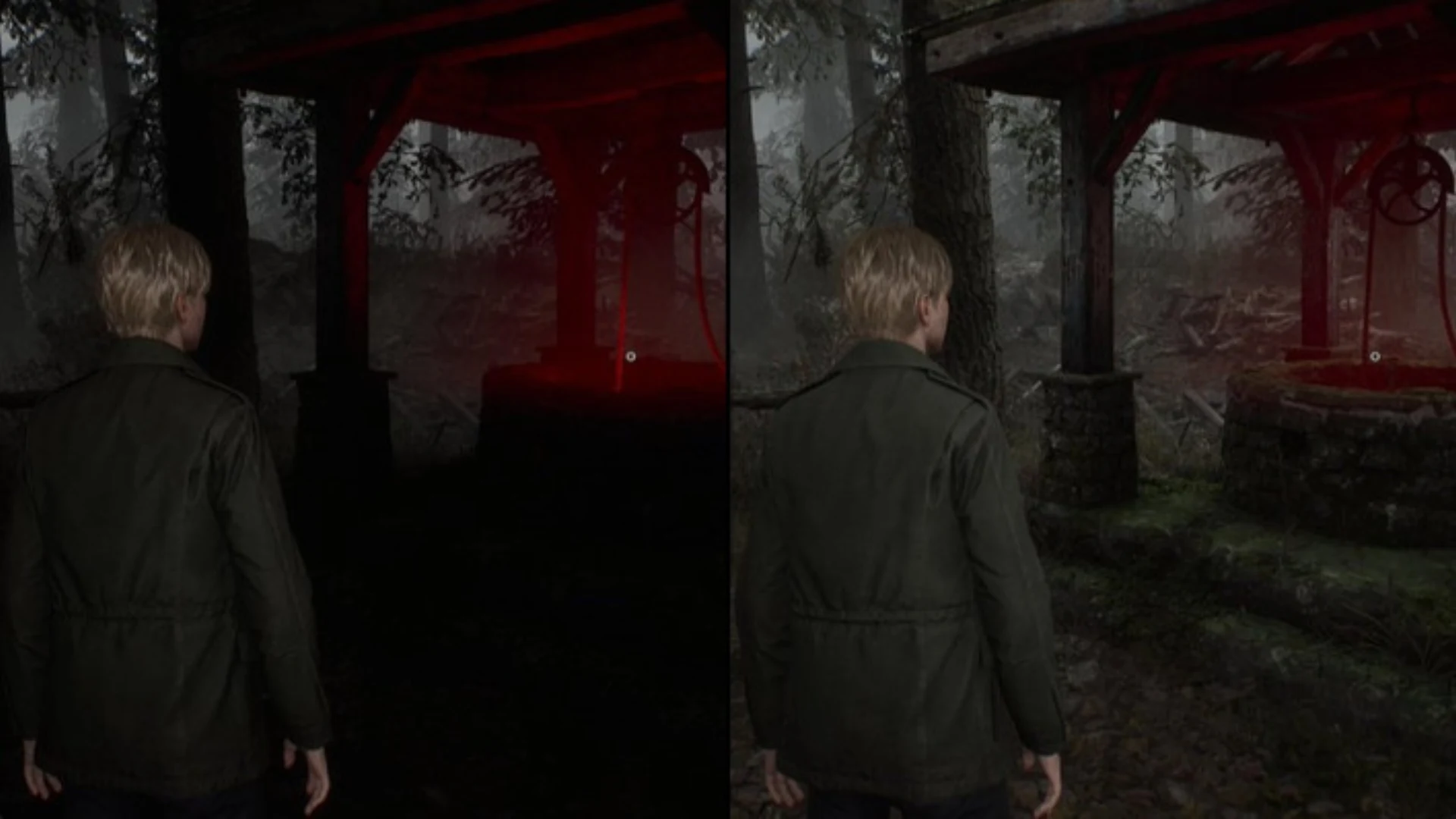 Silent Hill 2 comparison showing darker shadows beside a brighter version of the same scene.
