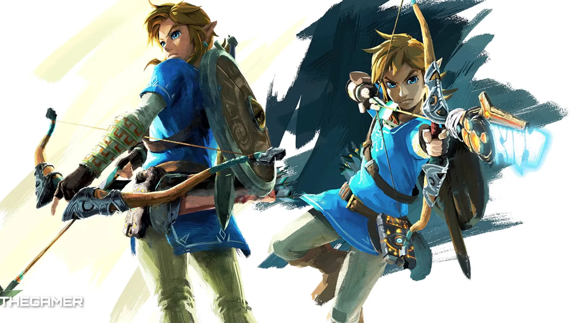 Link holds and draws a bow in artwork for The Legend of Zelda: Breath of the Wild.
