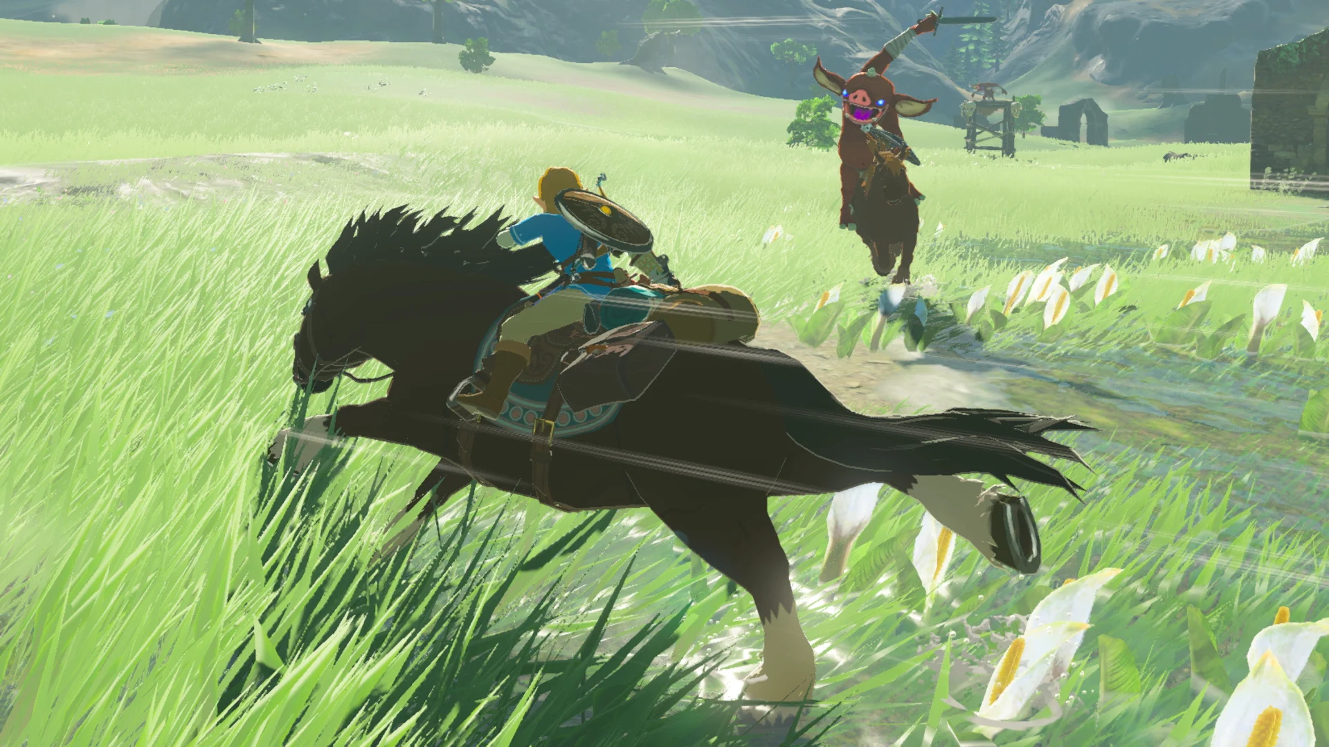 Link rides a horse across a grassy field while another mounted character approaches.