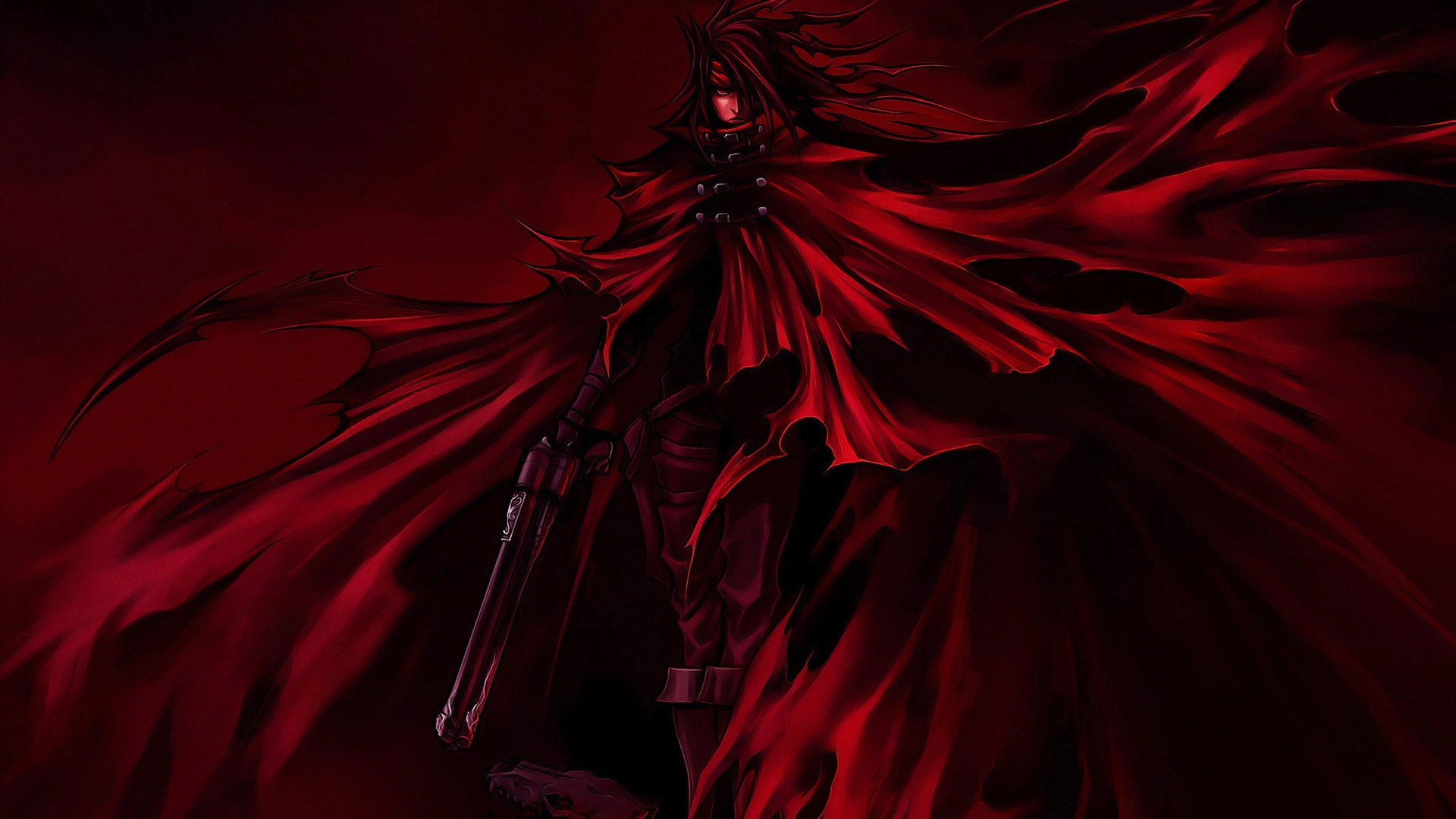 Vincent Valentine holds Cerberus while wearing his red cloak in Dirge of Cerberus artwork.