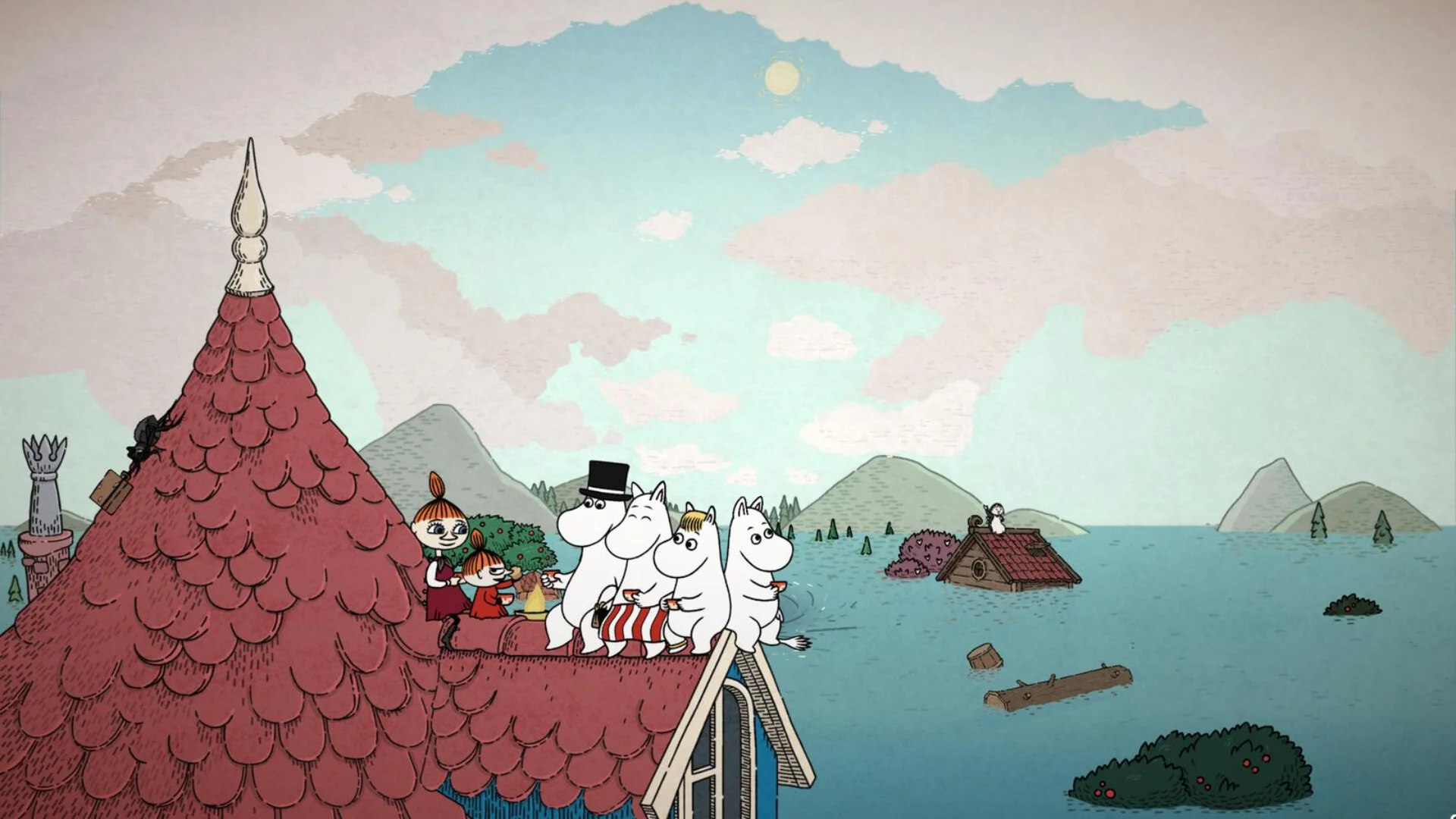 The Moomin family gathers on a red rooftop while floodwater covers Moominvalley below.