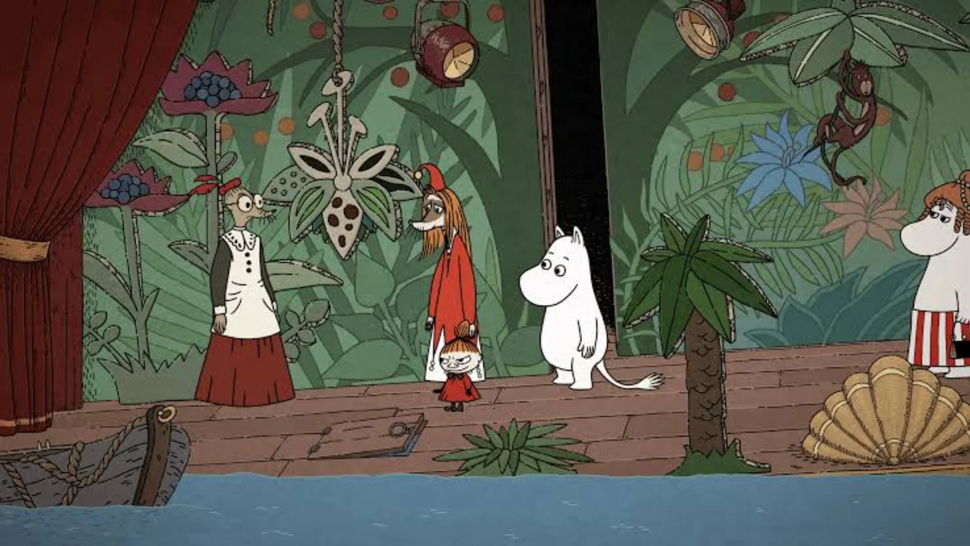 Moomintroll, Little My, and other characters explore a colorful floating theatre surrounded by floodwater.
