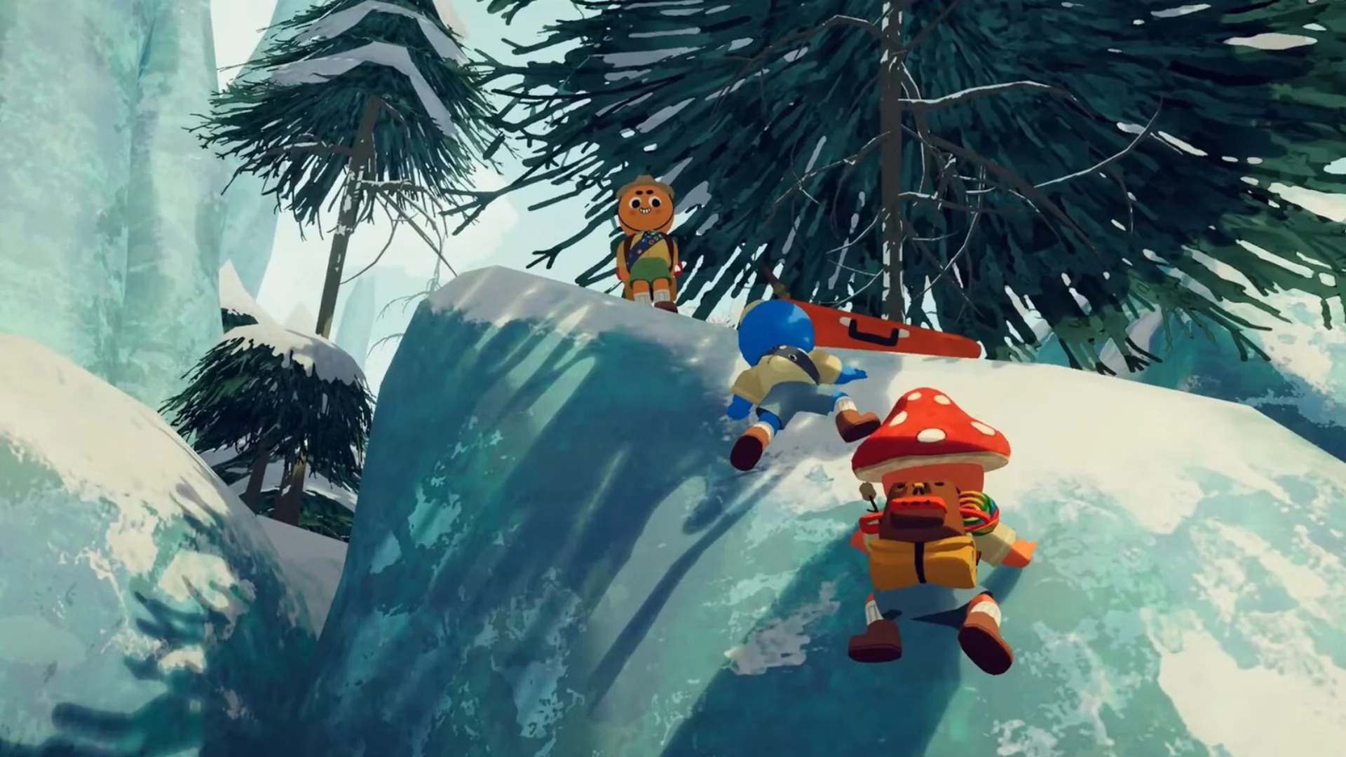 Three PEAK climbers scale a steep icy wall surrounded by snow-covered trees and frozen cliffs.