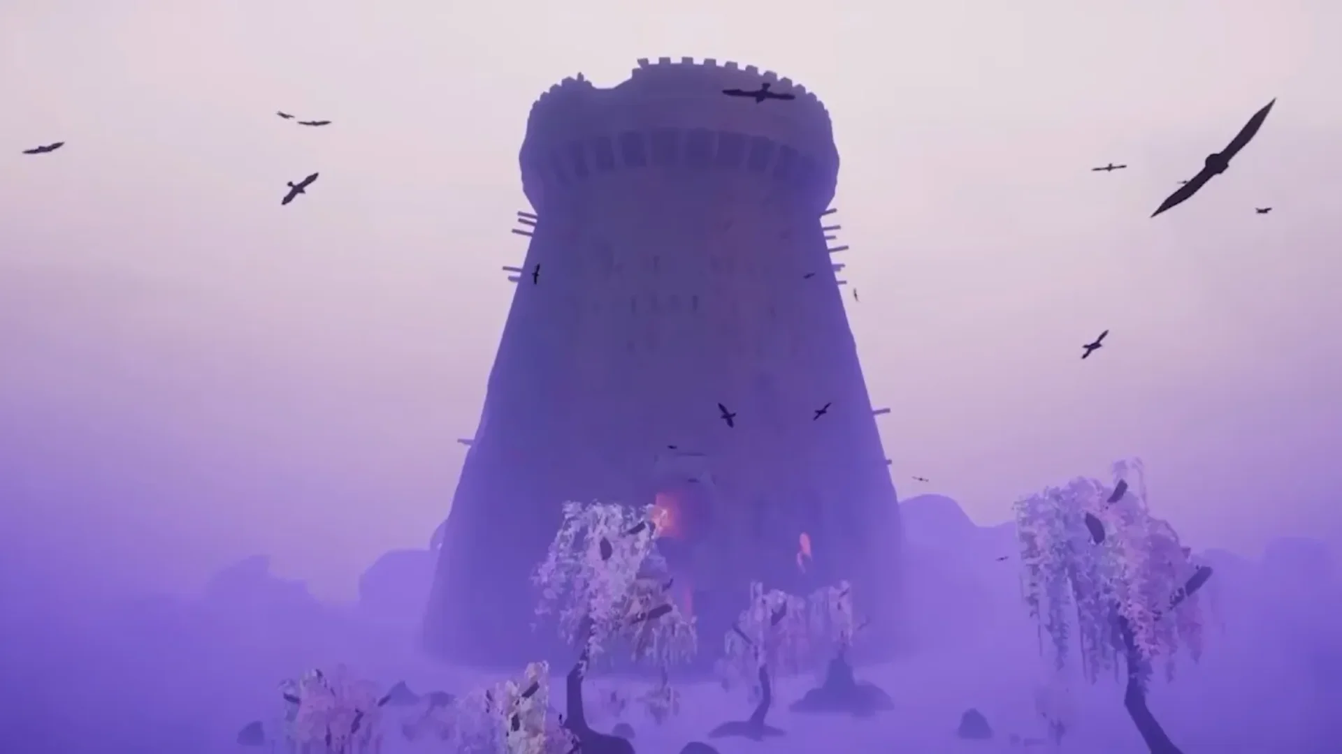 A massive dark tower rises through thick purple fog as birds circle above in PEAK’s Gloom biome.