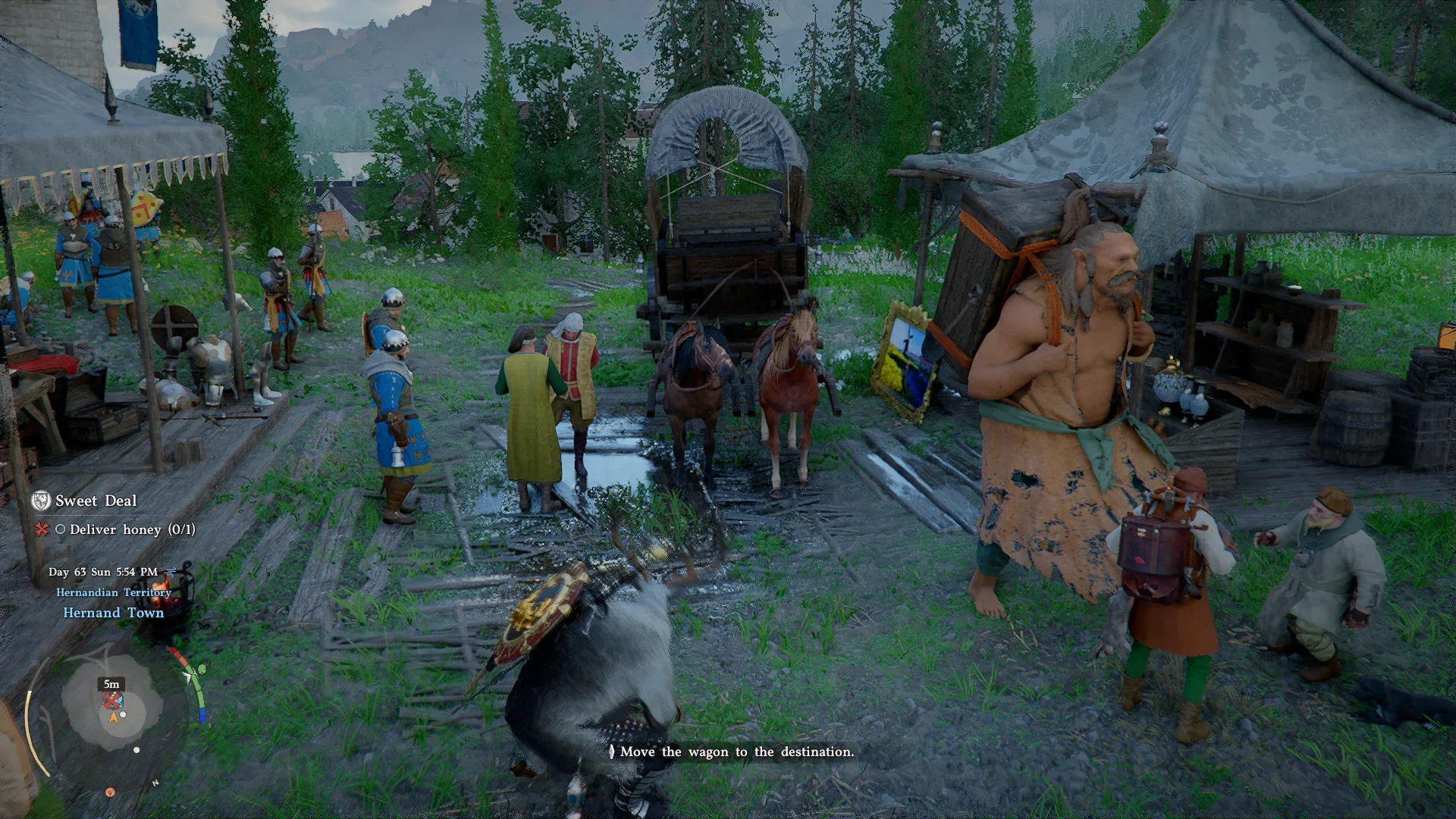 A Crimson Desert player explores Hernand Town near merchants, soldiers, horses, and a wagon