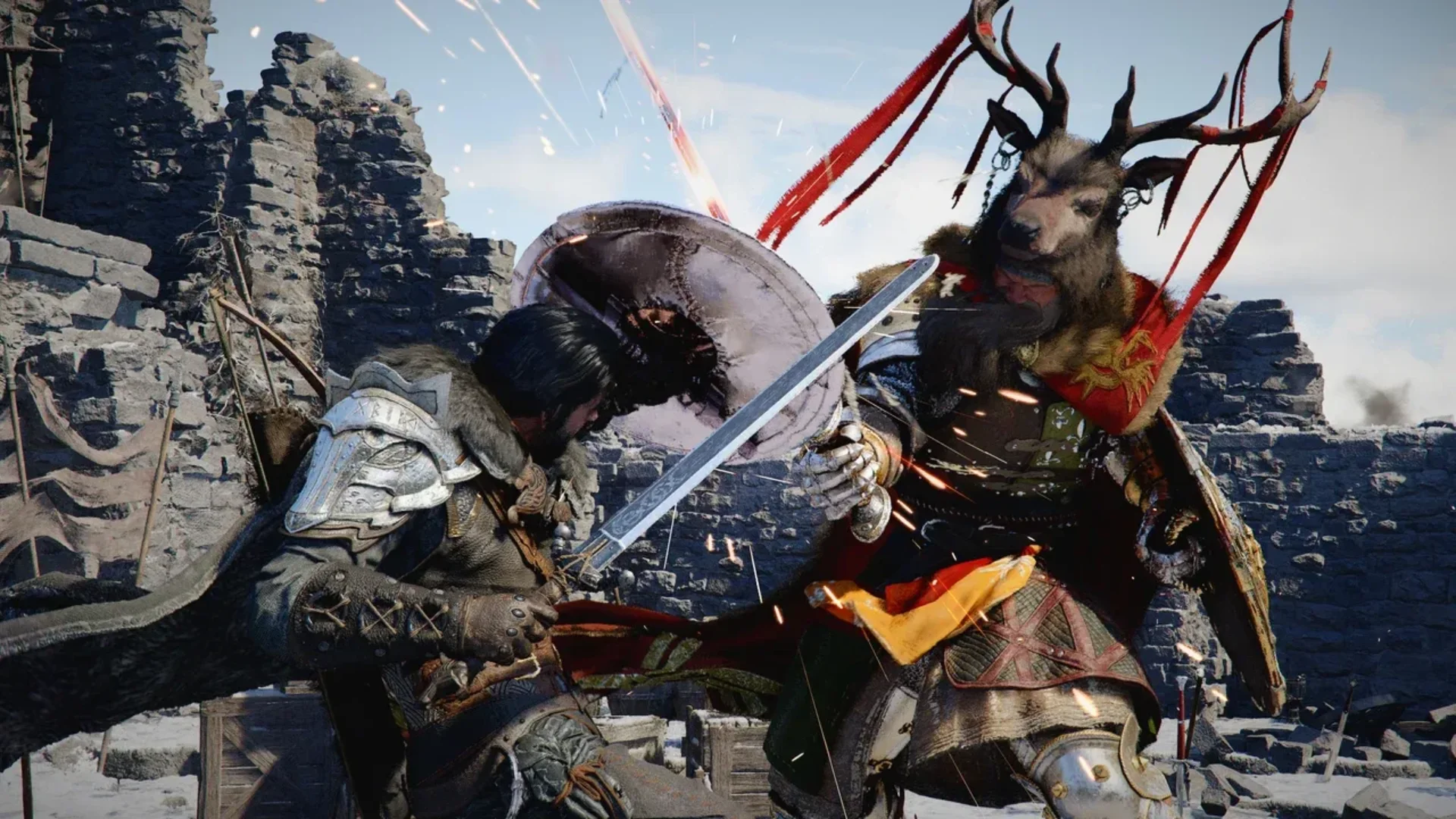 A Crimson Desert warrior clashes swords with a large armored enemy wearing an antlered helmet.