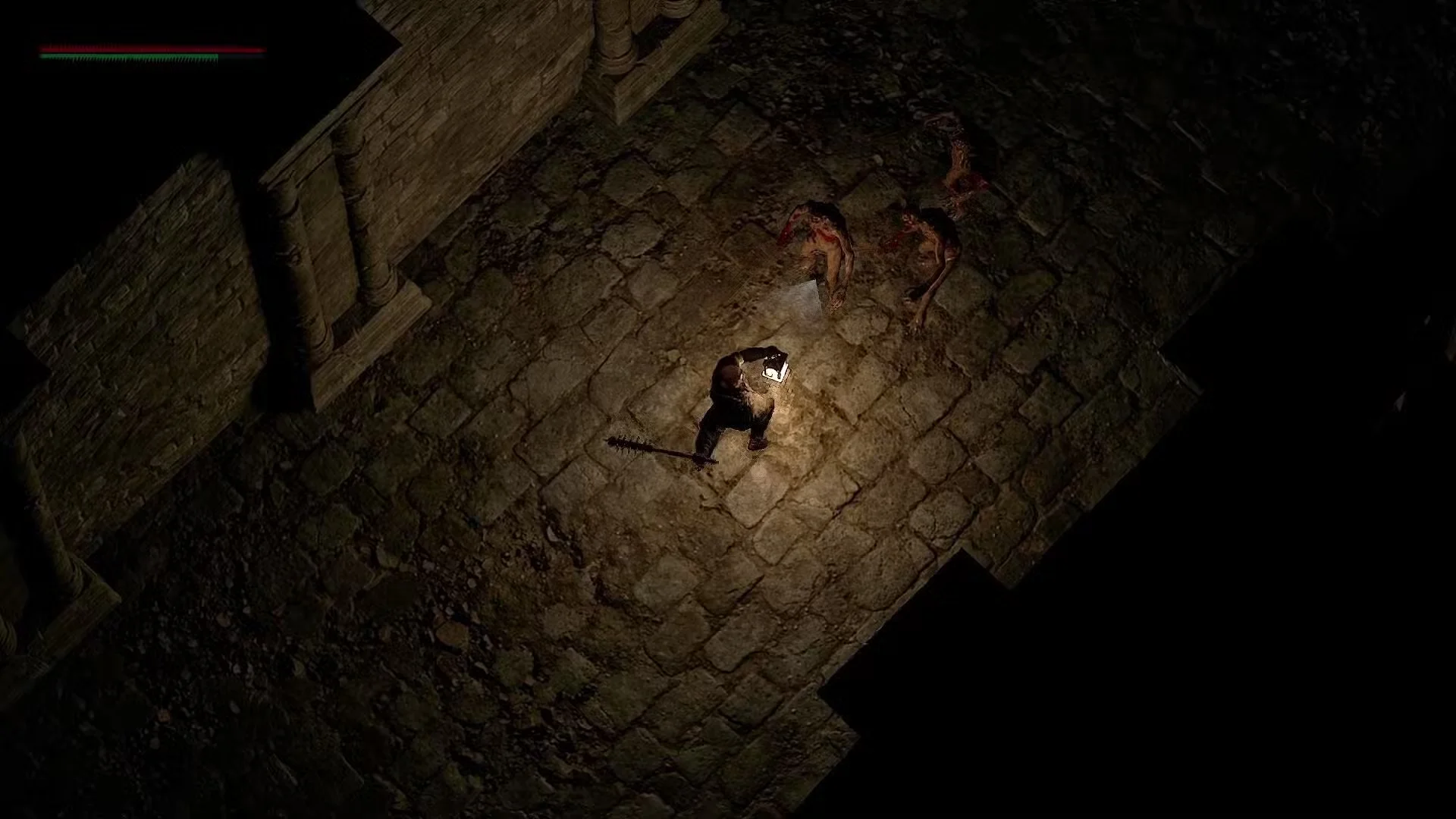 A Grim Axiom character faces mutated creatures while carrying a lantern and sword inside a dark dungeon.
