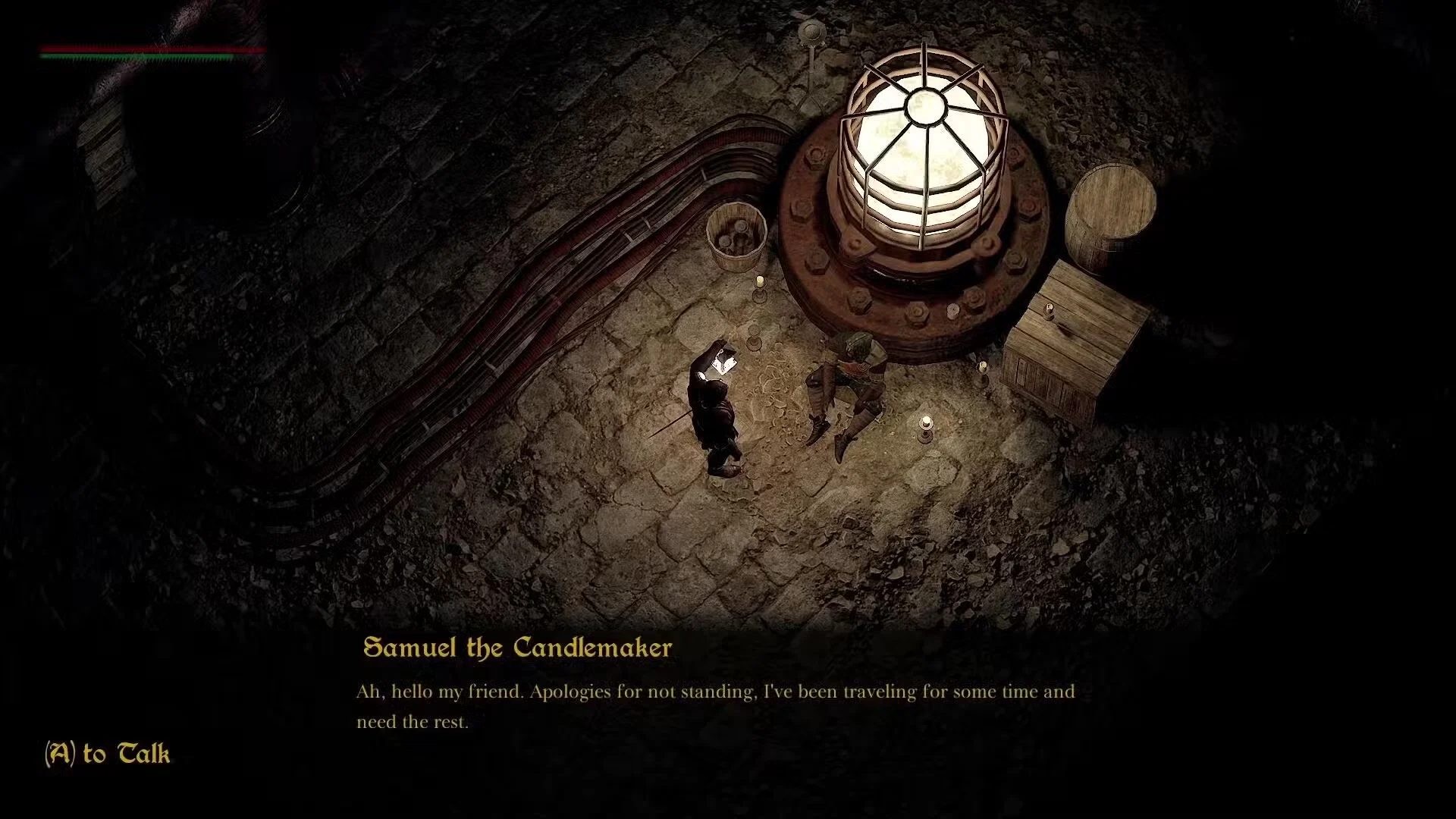 A Grim Axiom player talks to Samuel the Candlemaker beside a large lantern inside the underground labyrinth.