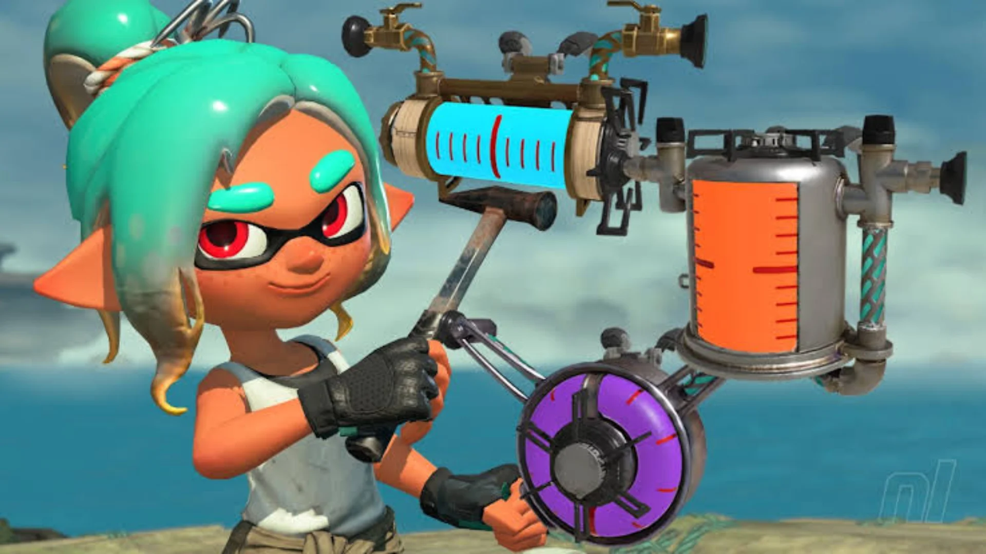 A Splatoon Raiders character stands beside equipment used as part of the Tank progression system.