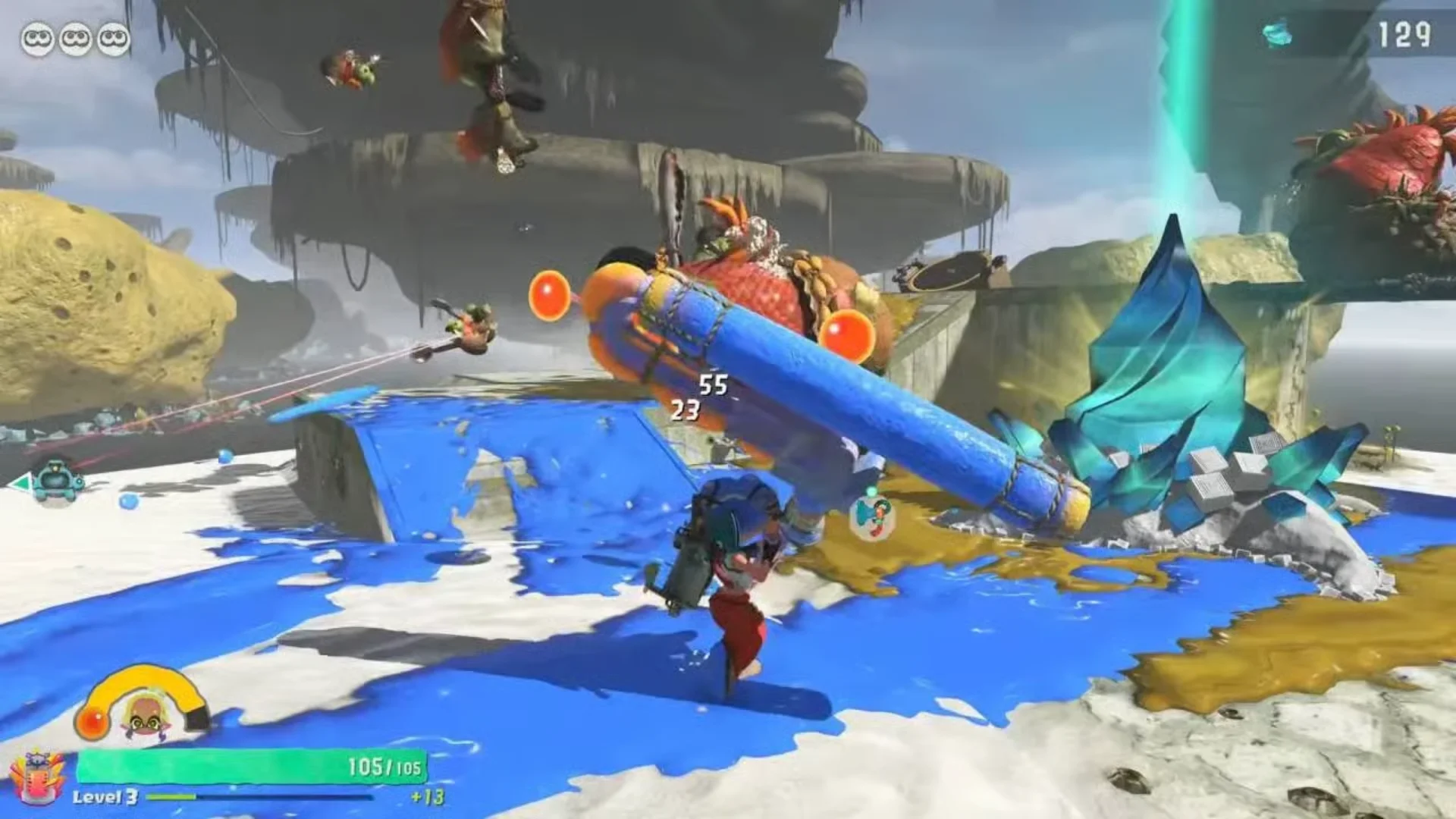 A Splatoon Raiders character holds a weapon while exploring an outdoor area.