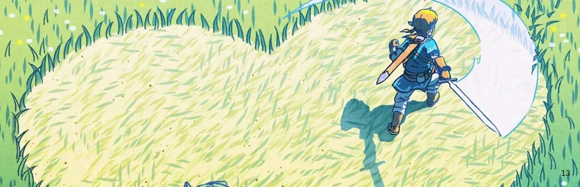 Link holds and draws a bow in artwork for The Legend of Zelda: Breath of the Wild. Link fights an enemy with fire effects in
