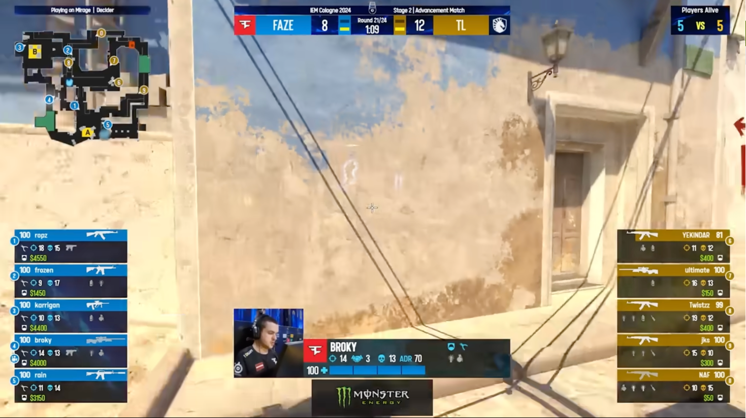 FaZe Clan vs Team Liquid CS2 match on Mirage at IEM Cologne 2024.