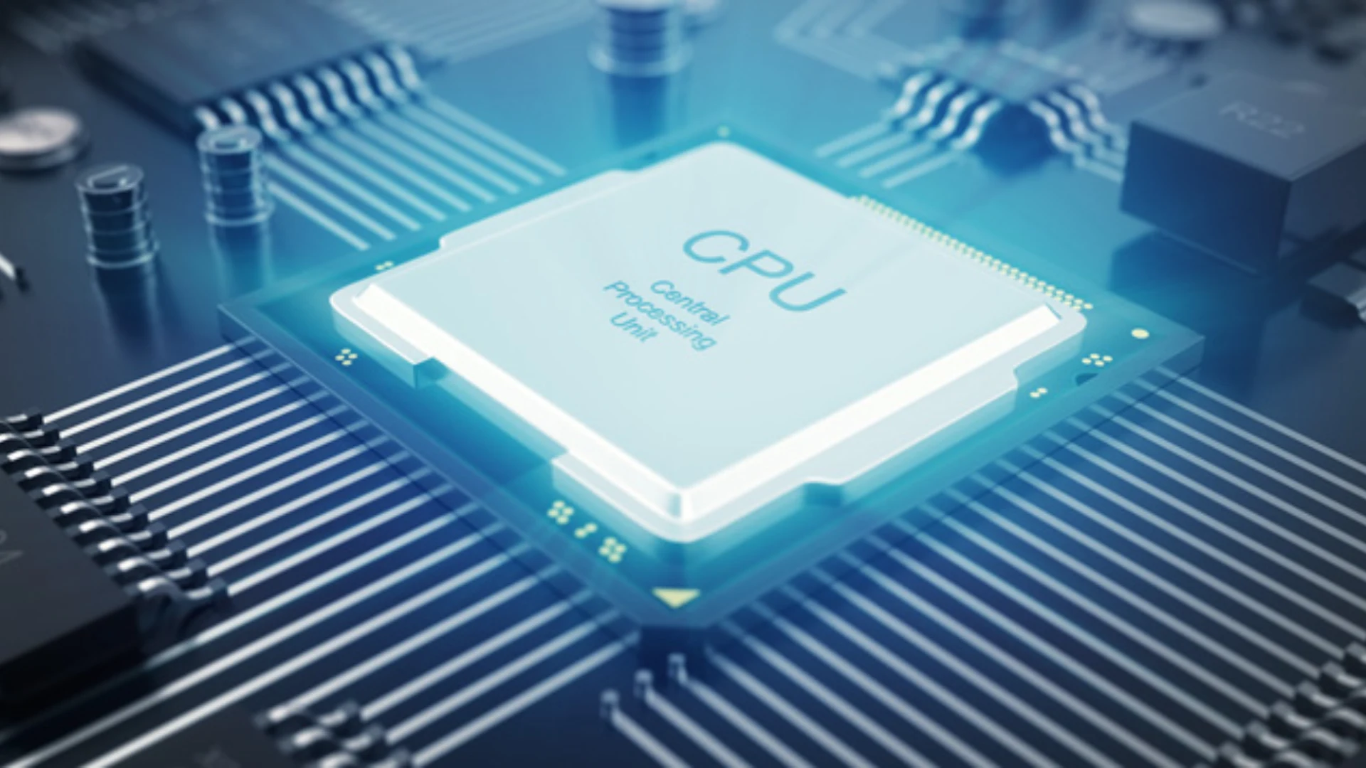 Close-up illustration of a CPU processor on a motherboard with glowing blue circuitry.